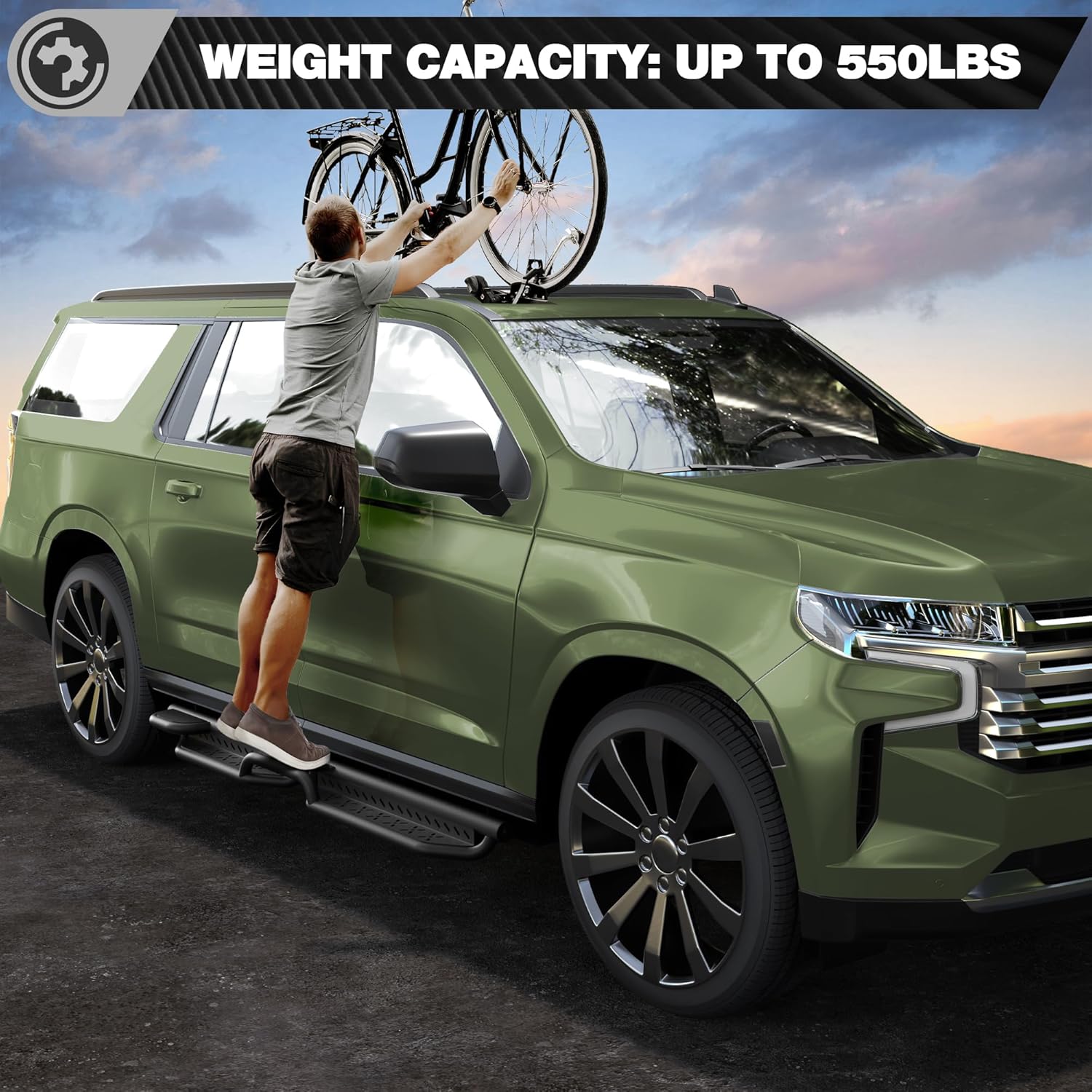 Running Boards Fits for Chevy Suburban & GMC Yukon XL 2021-2026, Heavy-Duty Carbon Steel Side Steps, 2PCS Dual Raised Non-Slip, Textured Black Powder-Coated