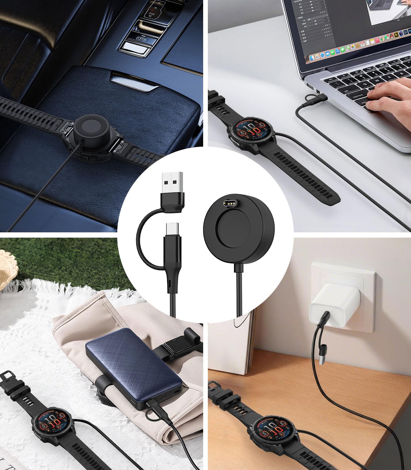 MoKo 2 in 1 Garmin Watch Charger, USB-C Charger Cable Compatible with Garmin Vivoactive 6/5, Fenix 8/7/6/5, Forerunner 970/570/965/265/255/165, Instinct, Venu 4/3s, 3.3 ft/1m Charging Code, Black