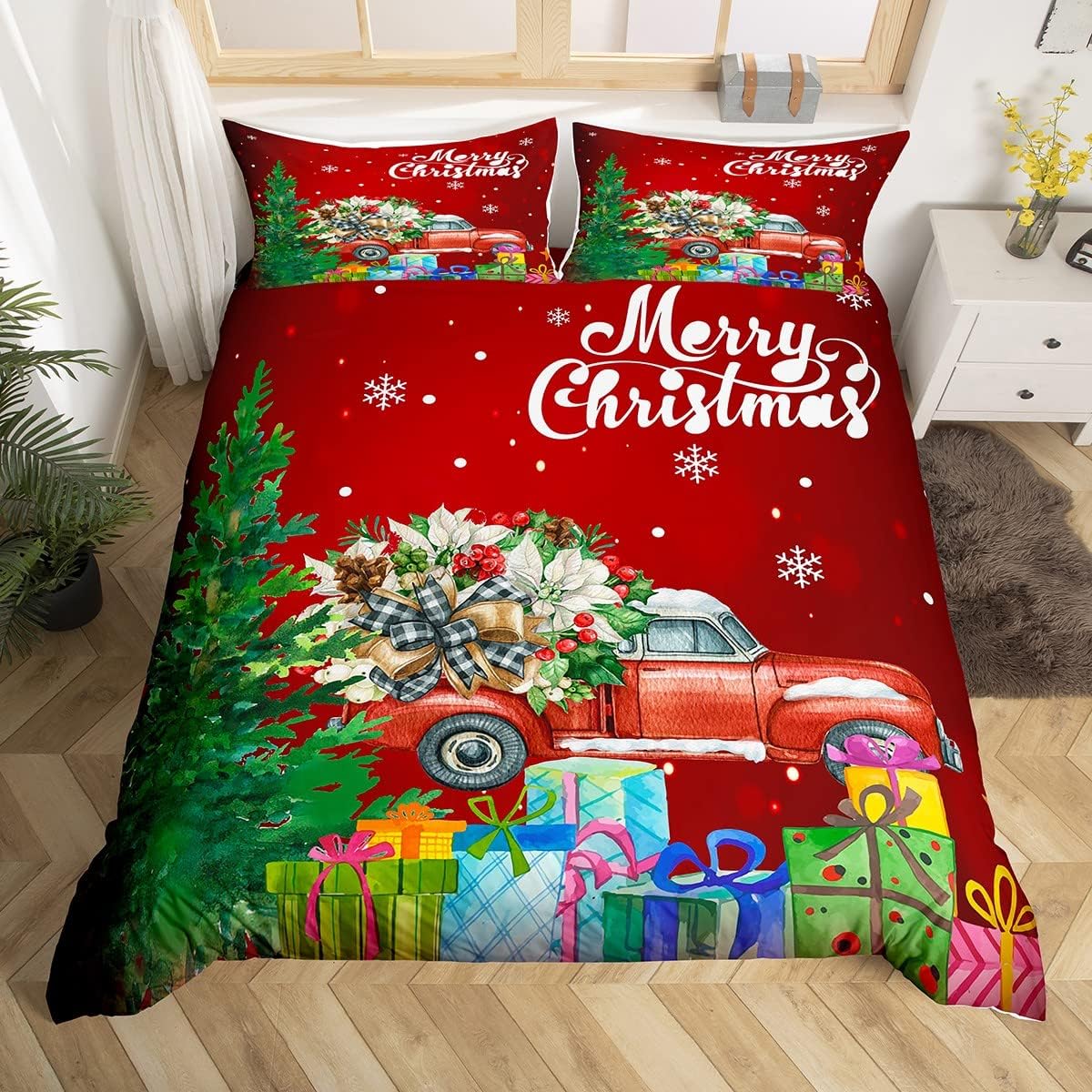 Christmas Bedding Set Kids Cartoon Car Xmas Theme Comforter Cover Set