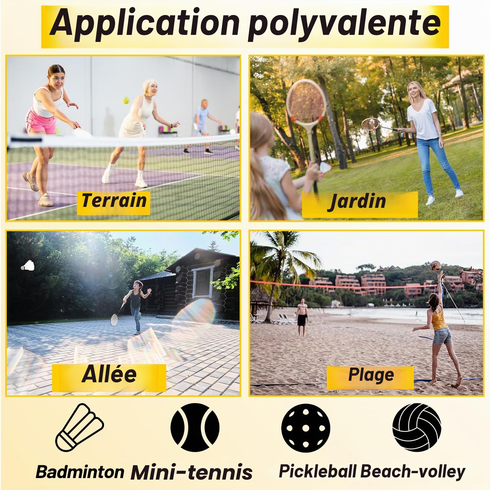 Filet de badminton portable réglable en hauteur - 5 m de long - Filet pliable pour pickleball, volleyball - Filet de sport facile à monter avec barres