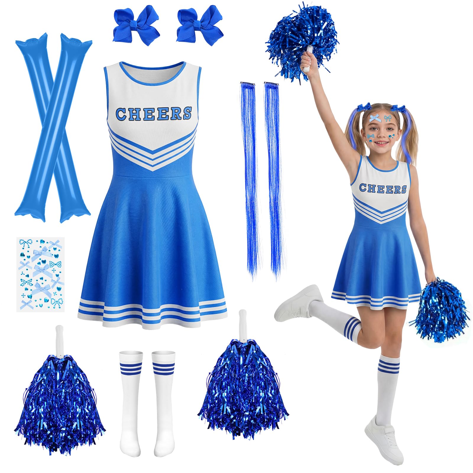 AYBUY Cheerleader Costume for Girls,Kids Cheerleader Outfit,Girl's Cheerleading Uniform for World Book Day Halloween Carnival Party Cosplay School Events, Blue（150）