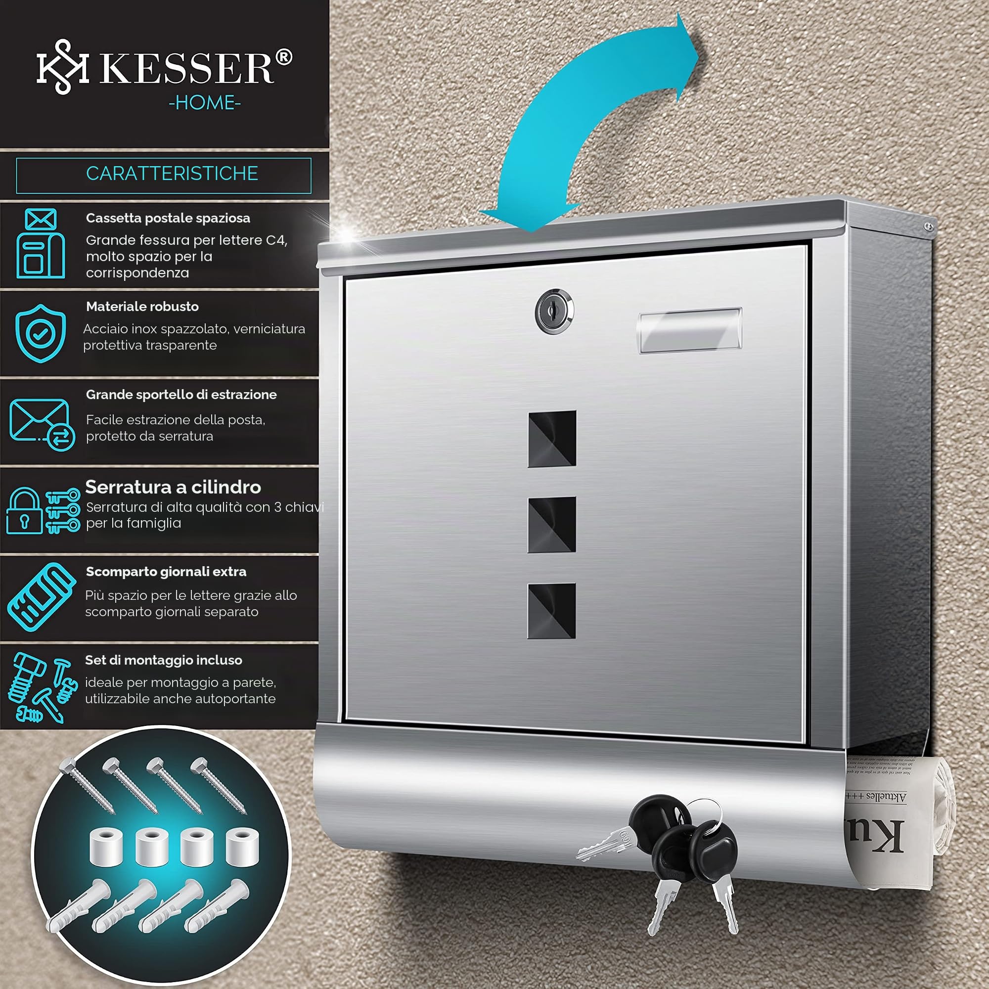 KESSER® Cassetta per le Lettere in Acciaio Inox con scomparto per Giornali, Targhetta, Finestra di visualizzazione, Chiave 3X, Verniciata a polvere, Materiale di Montaggio, Argento