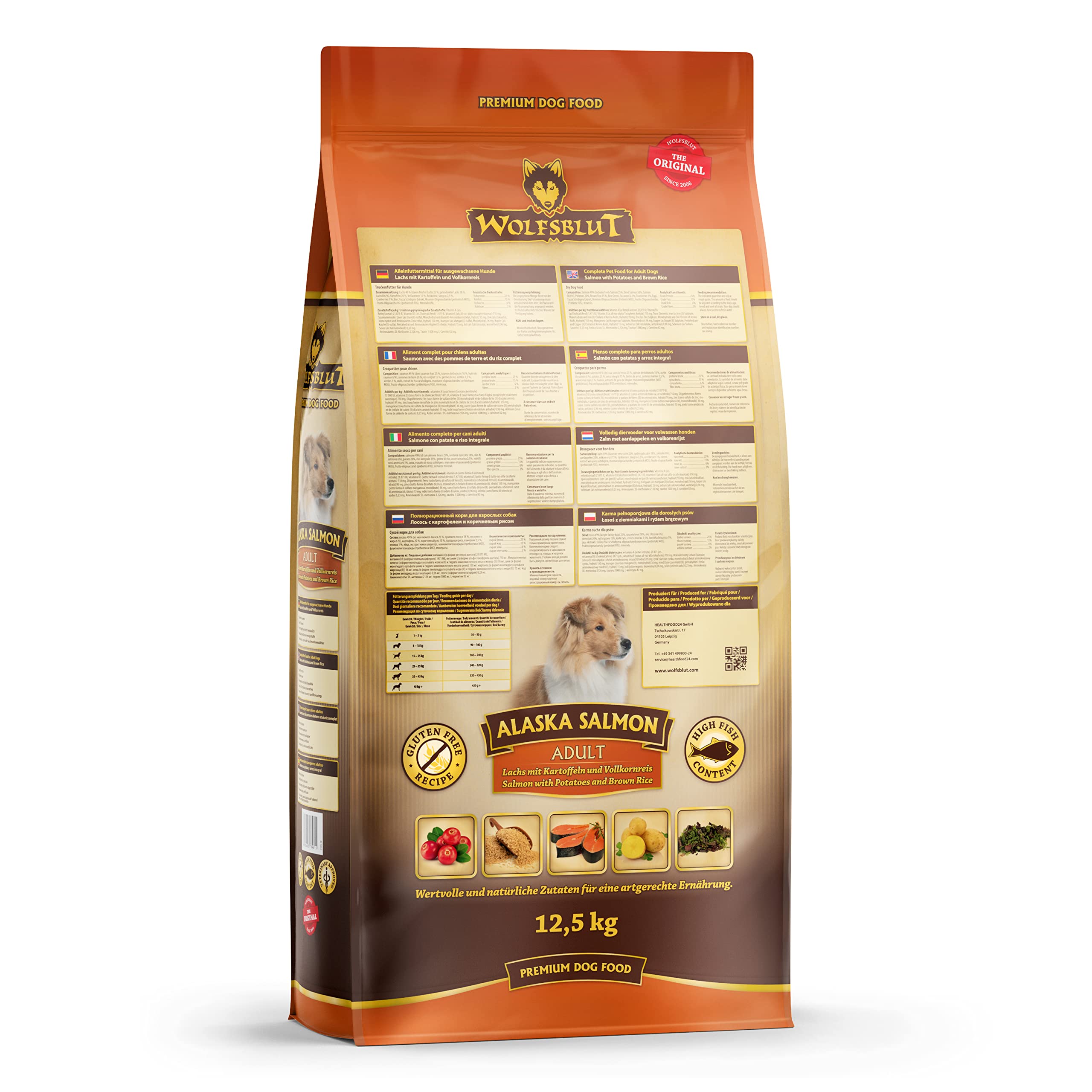 WOLFSBLUT – Alaska Salmon Adult | Trockenfutter mit natürlichen Zutaten und wertvollen Superfoods für ausgewachsene Hunde. Getreidefreies Alleinfutter ohne Zusatzstoffe im Beutel | 12,5kg Lachs