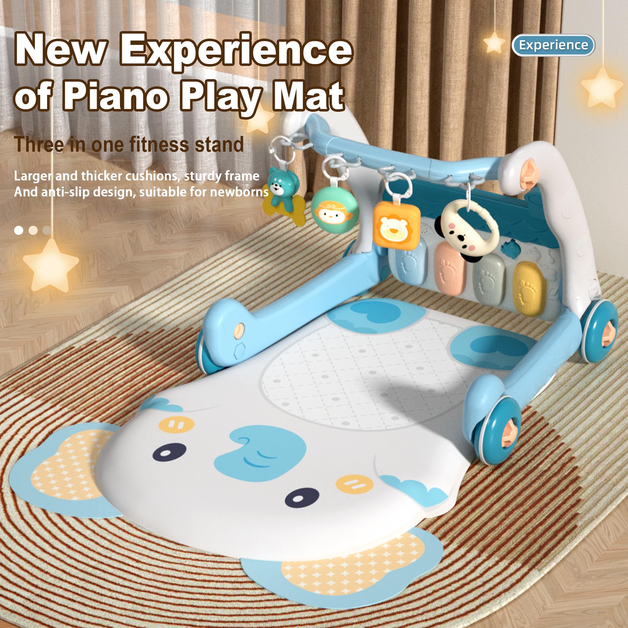 Gimnasio de actividades y centro de actividades 2 en 1 con tapete de juego de piano para bebés (Blue)