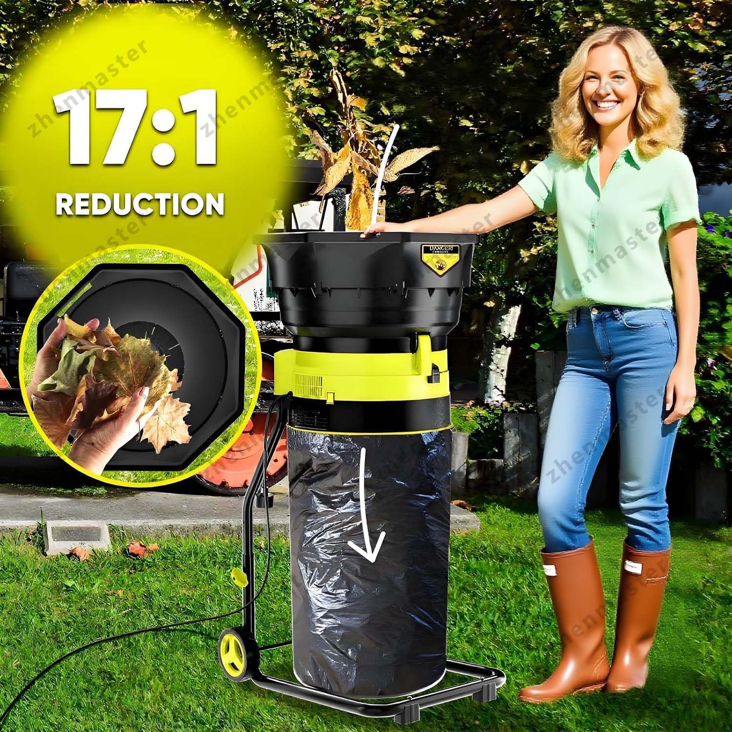 Biotrituradora Eléctrica 2500W Con Bolsa Recolectora Y Ruedas, Trituradora De Hojas 8000 RPM, Compostador Seguro Bladeless, Jardín Limpio Todo El Año(Powercordx10m)