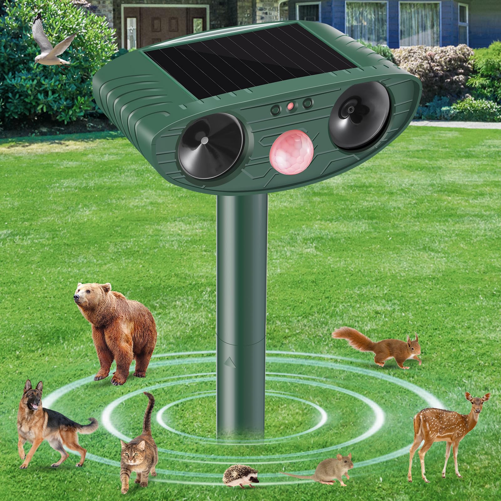 Cat Repellent Outdoor, Solar Ultrasonic Animal Repellent, Squirrel Repellent, Raccoon Deterrent, Waterproof Dog Repellent, Deer, Skunk, Mole Repellent, Motion Detector and LED Flashing Light (1)