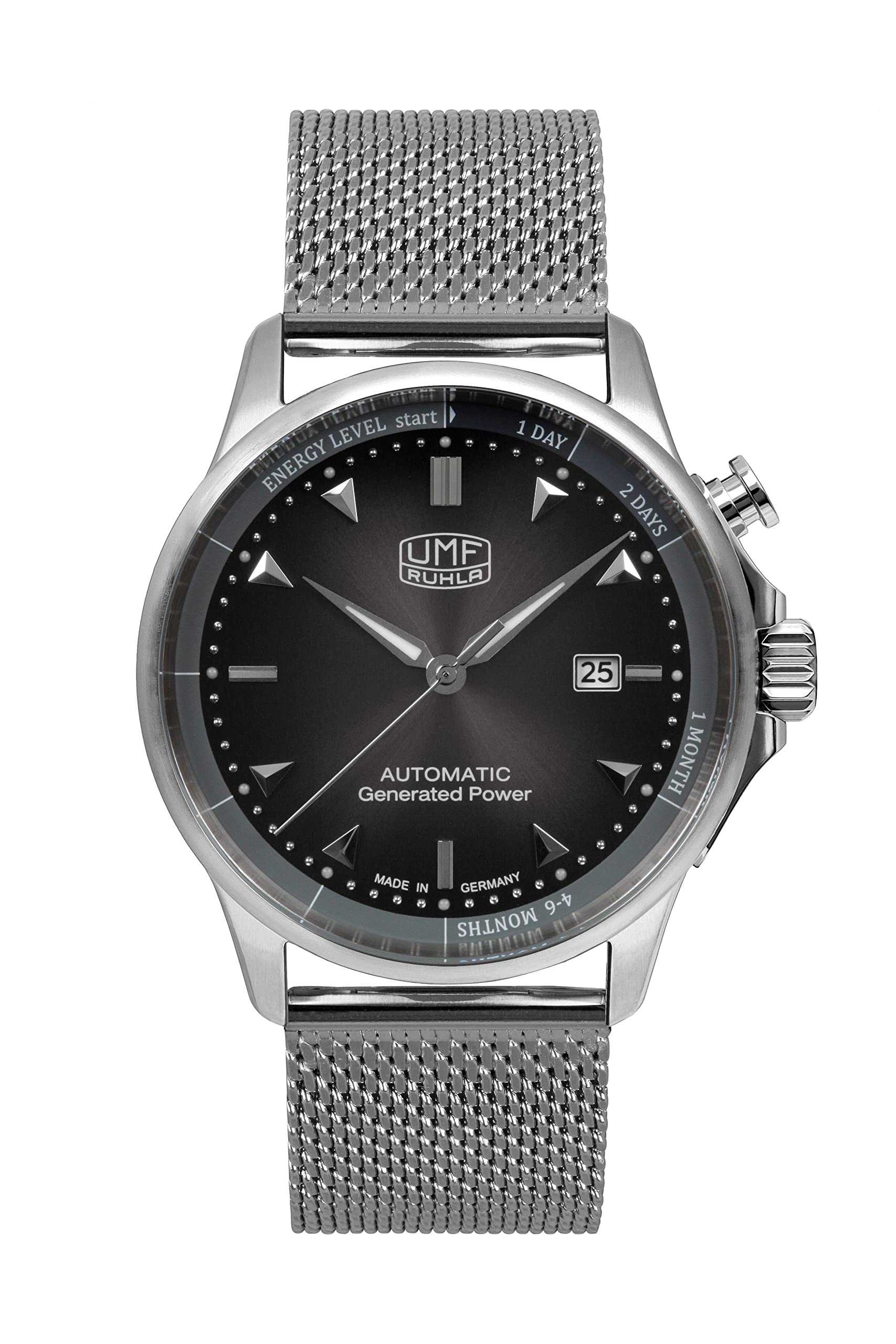 UMF RUHLA Autokinetic 1062M-2 watch with black dial and Milanese mesh strap