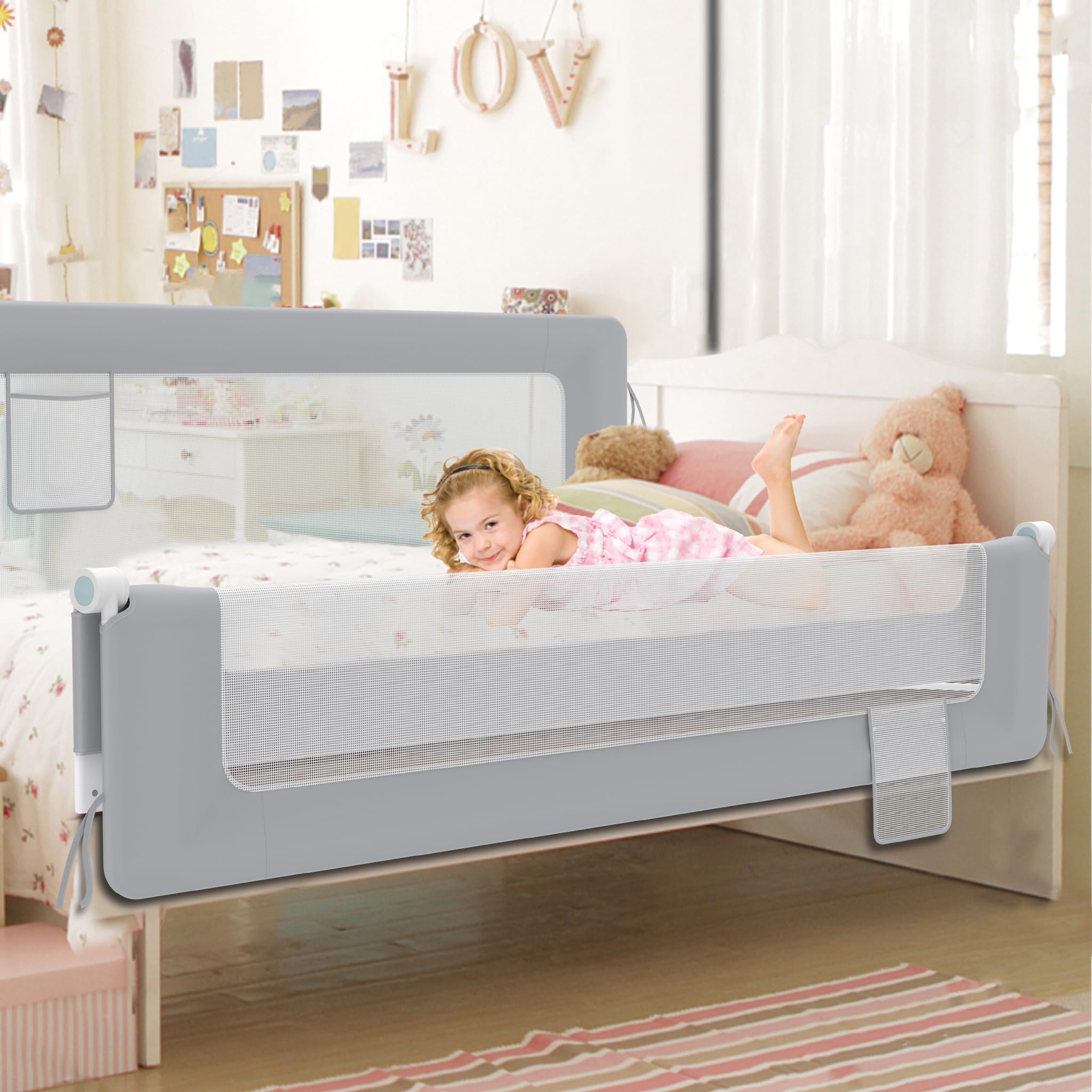 FIVMEN Barrera de cama de 200 cm, protección contra caídas, altura ajustable, plegable 180 grados, para cuna y cama infantil, para camas de niños y padres, gris