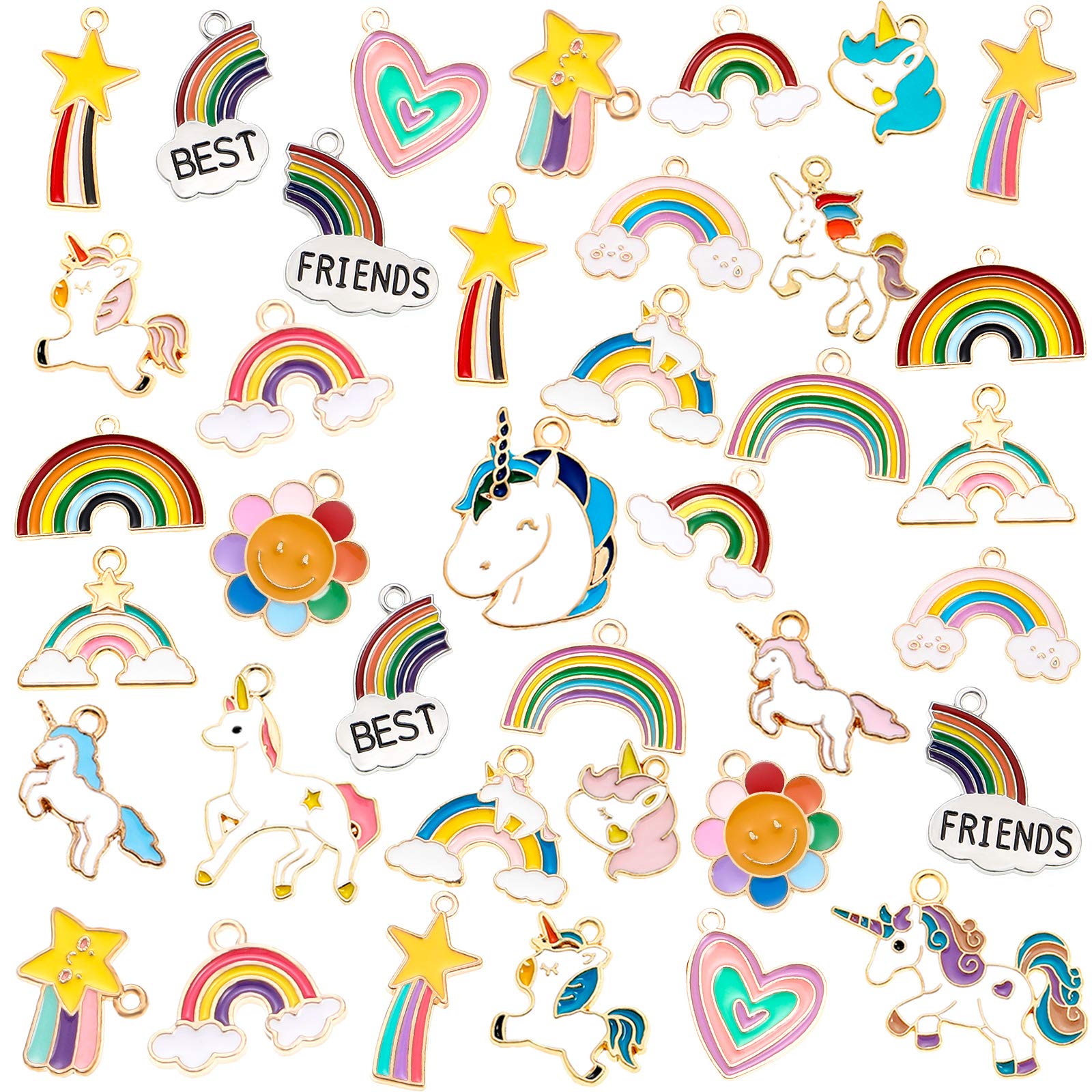 50 Pieces Gold Plated Cute Enamel Unicorn Charm Rainbow Charms Cloud Star Charms Sunflower Charms Heart Charms Pendant Mixed for Jewelry Making Necklace Bracelet Girl Craft DIY Accessories, Enamel