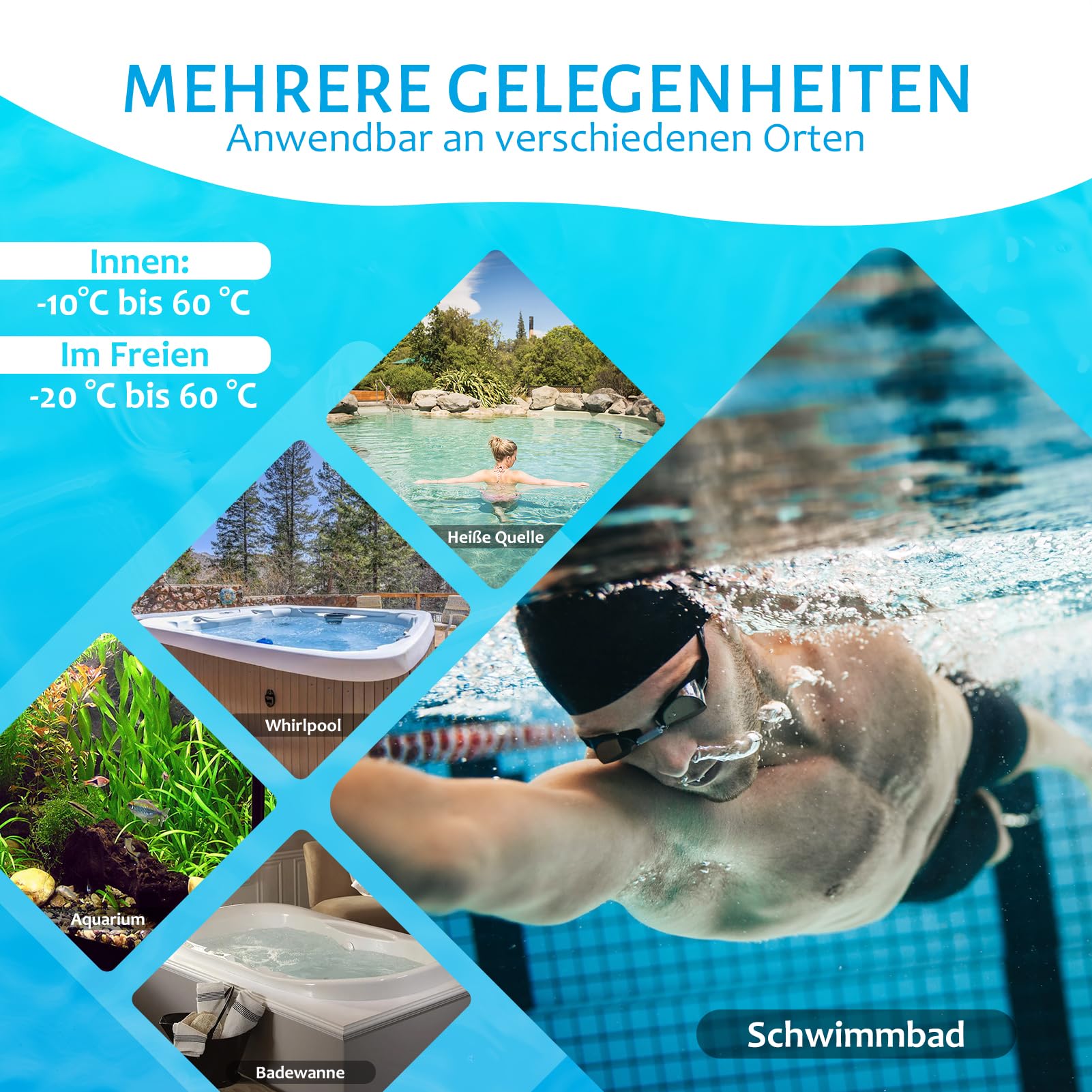 Funk Poolthermometer, Schwimmendes Digital-Thermometer mit gut ablesbarem Display, IPX8 wasserdicht – Für Pool, Whirlpool, SPA und Aquarium (HL-3)