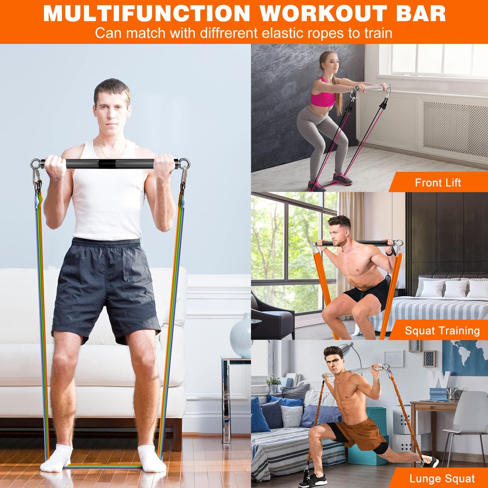 DASKING Fitnessbänder Widerstandsbänder Stange, Fitnessgeräte für Zuhause, 75cm/90cm/98cm Abnehmbarer Resistance Bands Bar Kit mit Dreieckshaken,Yoga Pilates Bars, Workout Full Body Fitness Exercise