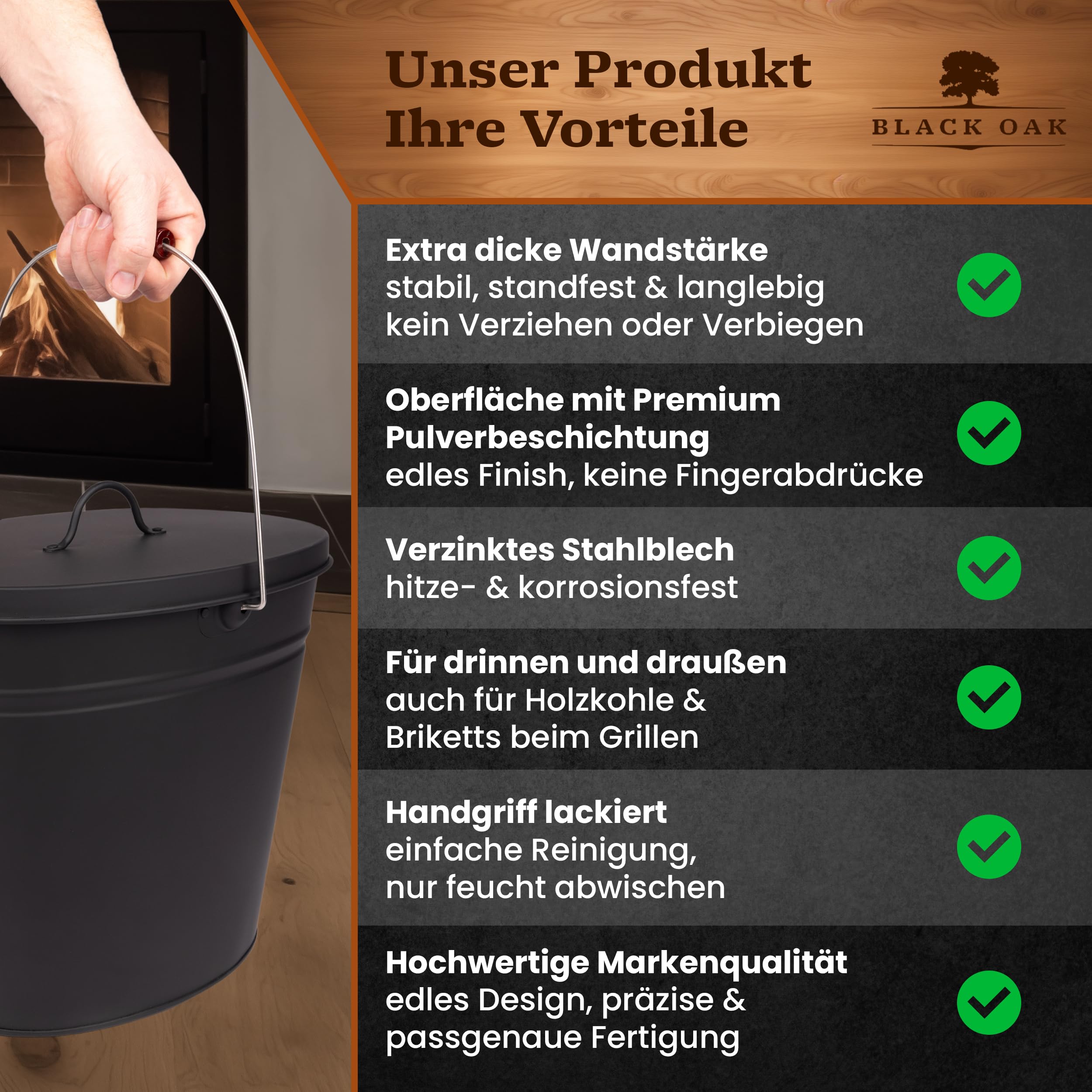 BLACK OAK Secchio per cenere Vesuvio 15L – nero ovale con coperchio - grande 15 litri - in acciaio resistente al fuoco zincato e verniciato a polvere, ideale per cenere e carbone, accessorio perfetto