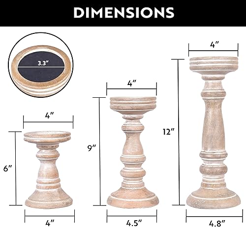 Miniatura 2 de Mela Artisans Portavelas de pilar de madera tallada a mano encalada, juego de 3, estilo decorativo de Chennai, hecho de madera de mango, decoración