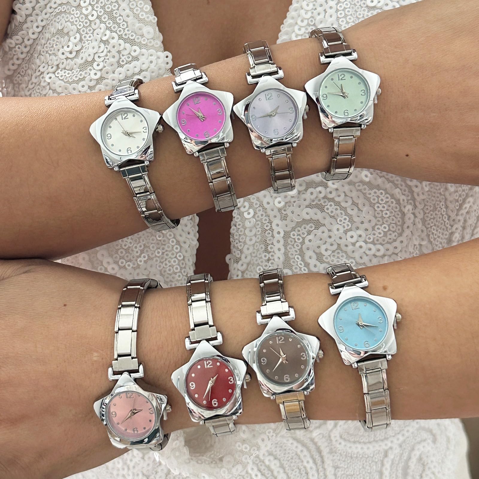 papasgix Italian Charm Bracelet Watches for women men Watch Charm Bracelet Band Star Watch Italian Charms Gold Silver Watches Compatible with 9MM Italian Bracelets Charms: Silver Pink