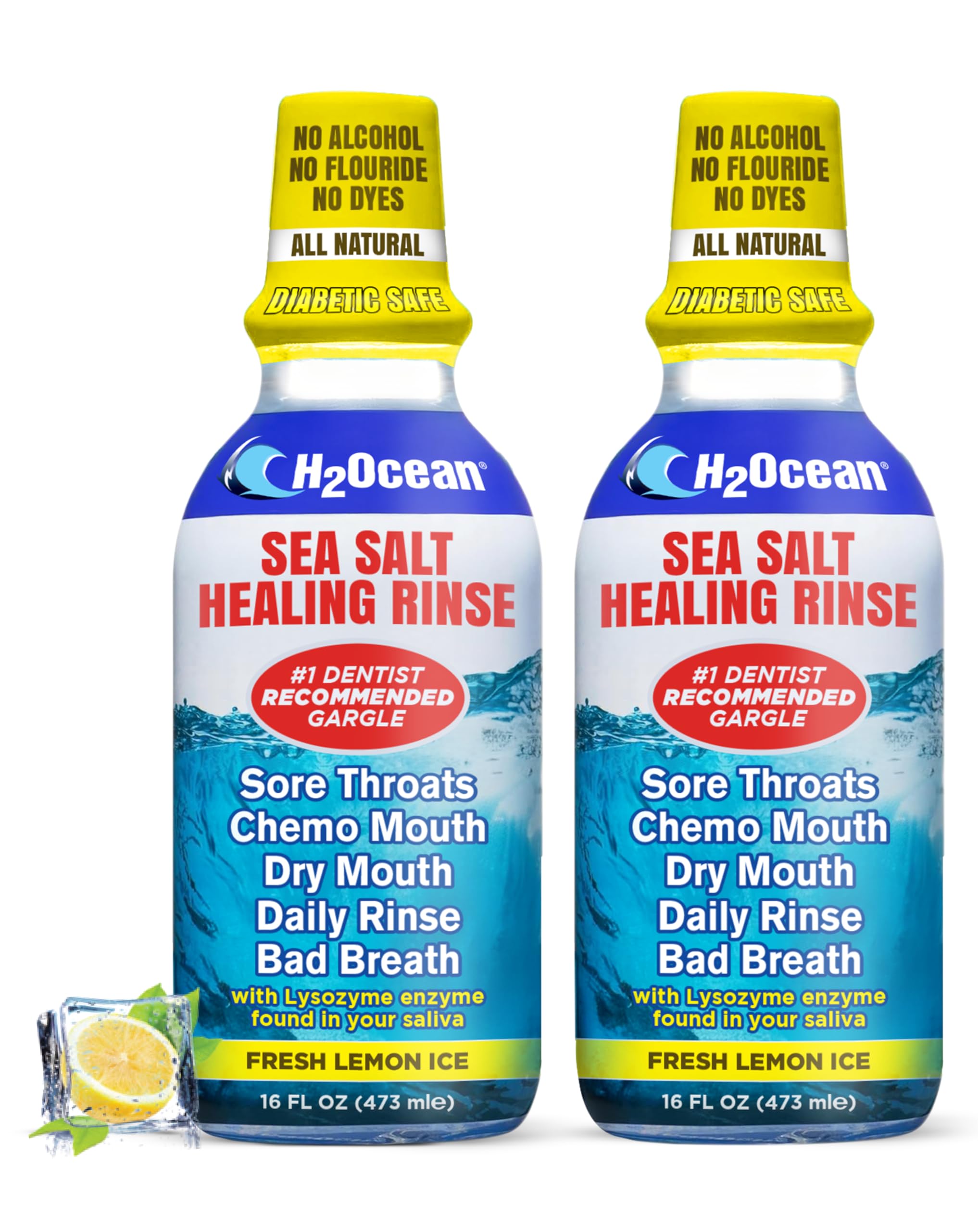 2 Pack H2Ocean Healing Rinse Mouthwash- Great Tasting Sea Salt & Xylitol Mouth Wash for Fresh Breath & Dry Mouth & Tonsil Stones - Alcohol & Fluoride Free - Lemon Ice, 16oz