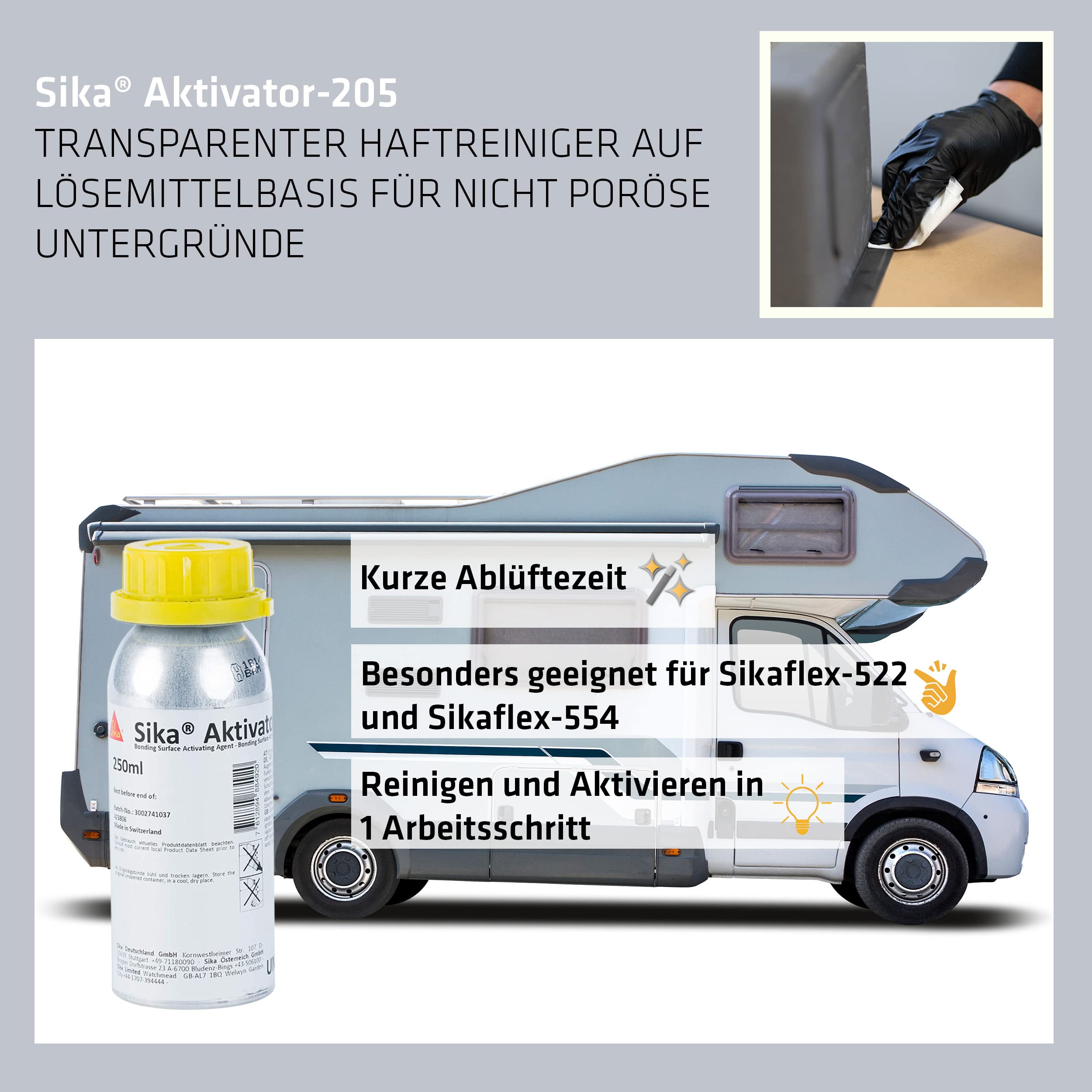 Sika - Sika Aktivator-205, detergente adesivo trasparente a base di solvente per superfici non porose, 250 ml