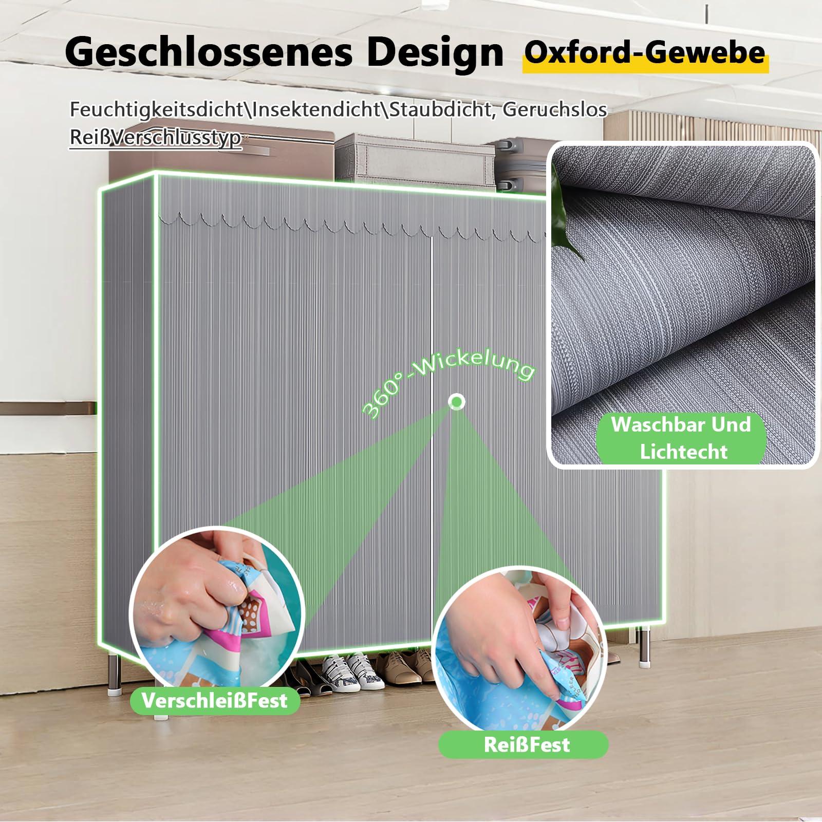 Kleiderschrank Stoffschrank Stabil, Stoff Faltschrank Für Schlafzimmer Mit Kleiderstange & Ablagen, Ankleidezimmer Garderobe Mit Kleiderständer 126x46x173cm Graue Streifen