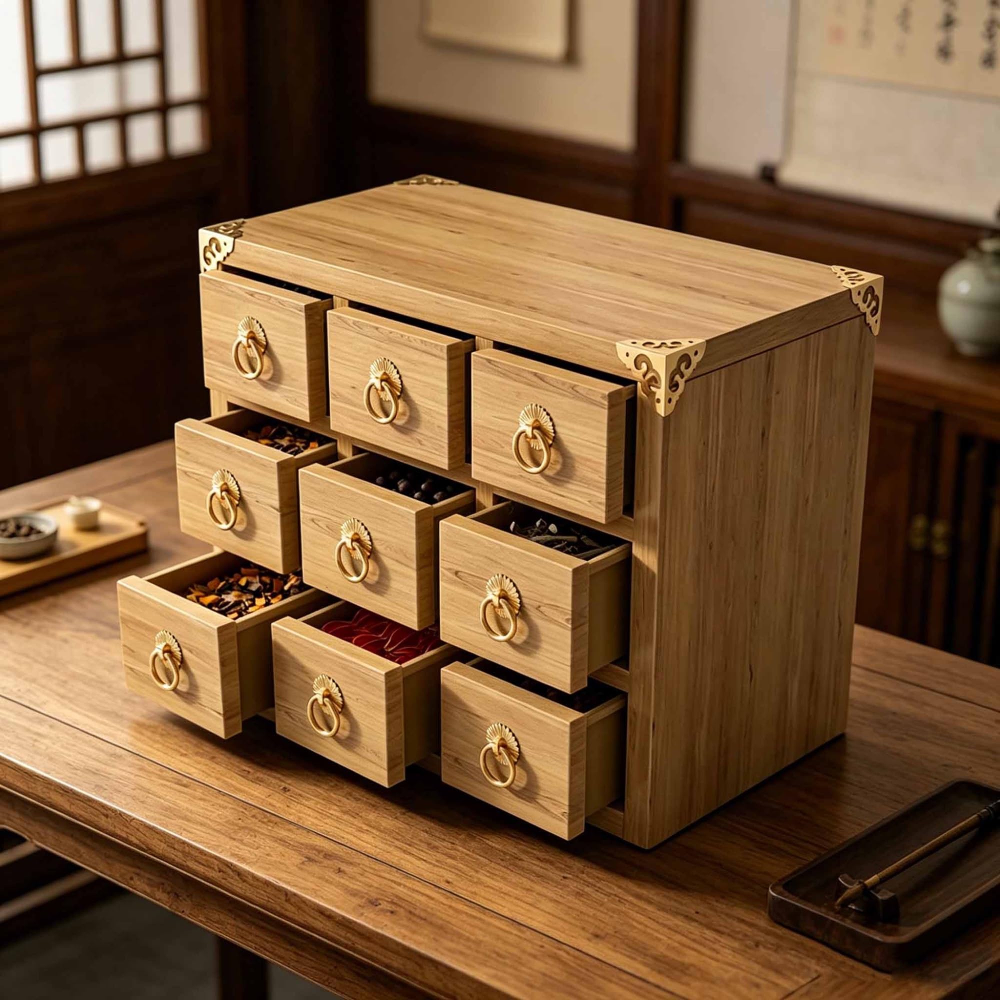 3-tier Apothecary Cabinet, Chests Herb Storage Box with 9 Drawers, Retro Wooden Desktop Drawer Organizer, Index Card Organizer for Pharmacies, Hospital, Office(B)