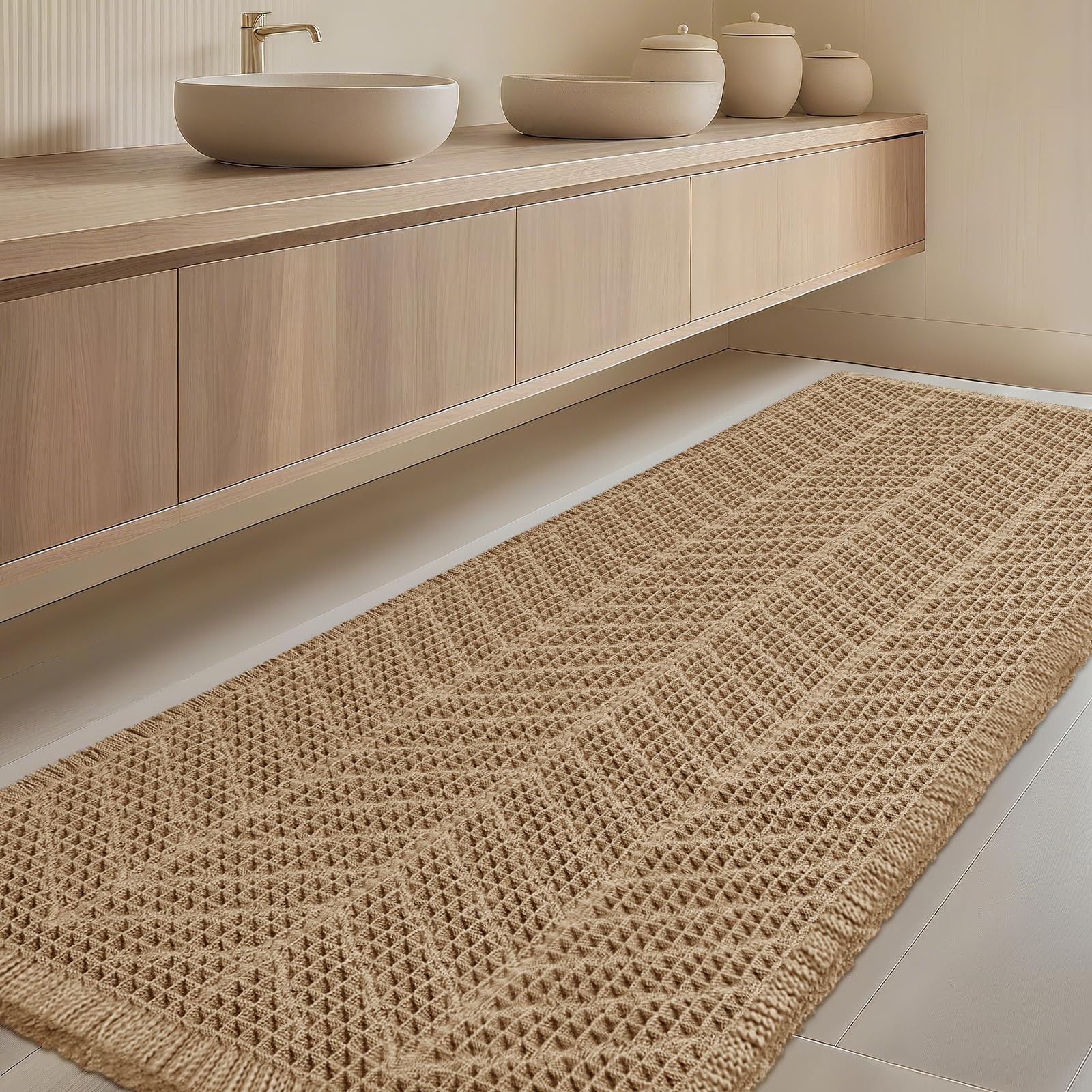 Extra Large Waffle Bath Mat, Boho Woven Modern Bath Rug Absorbent Non Slip, Ultra Soft Bathroom Mats, Machine Washable Knit Bath Rugs with