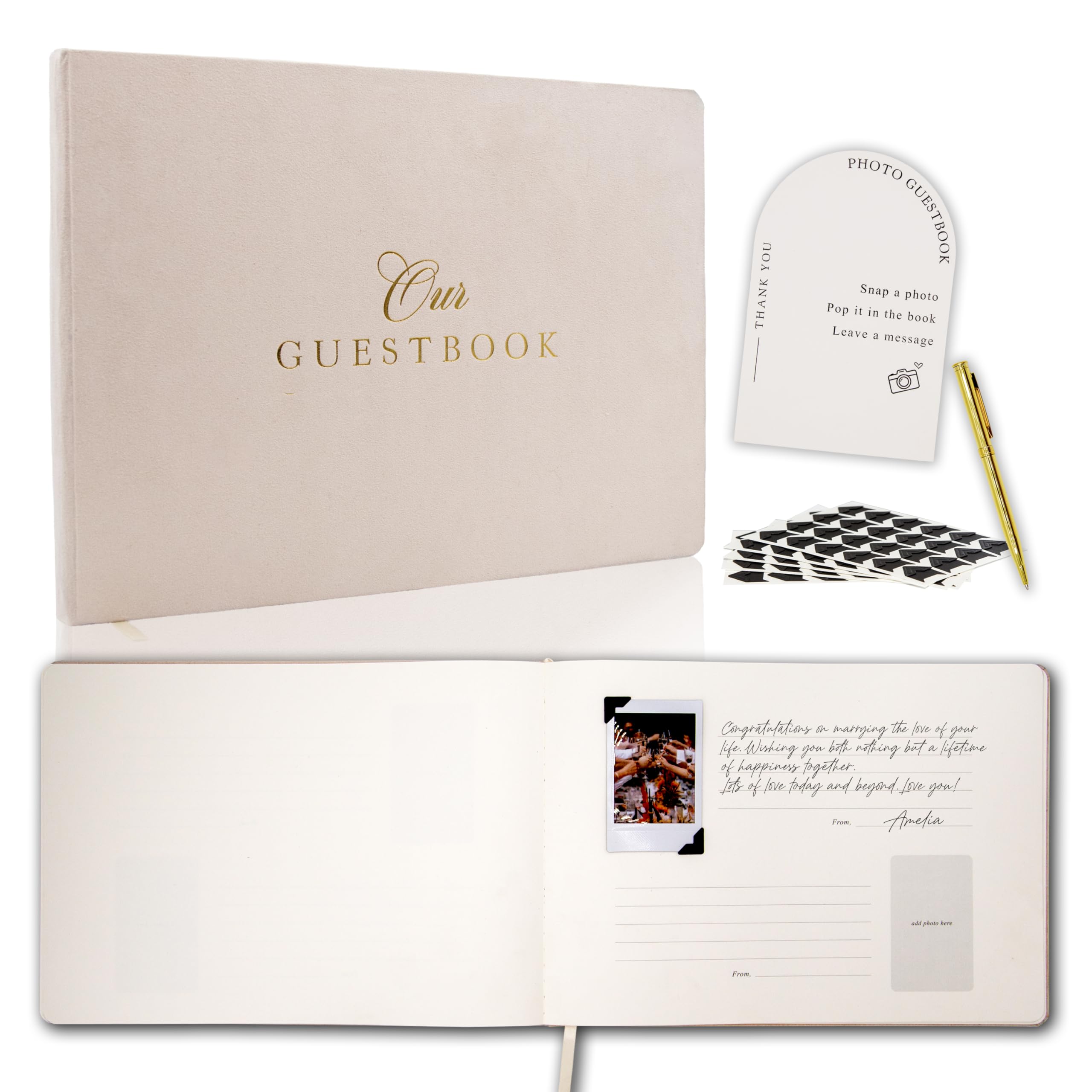 Libro de invitados de boda con letrero de madera y pegatinas para fotos