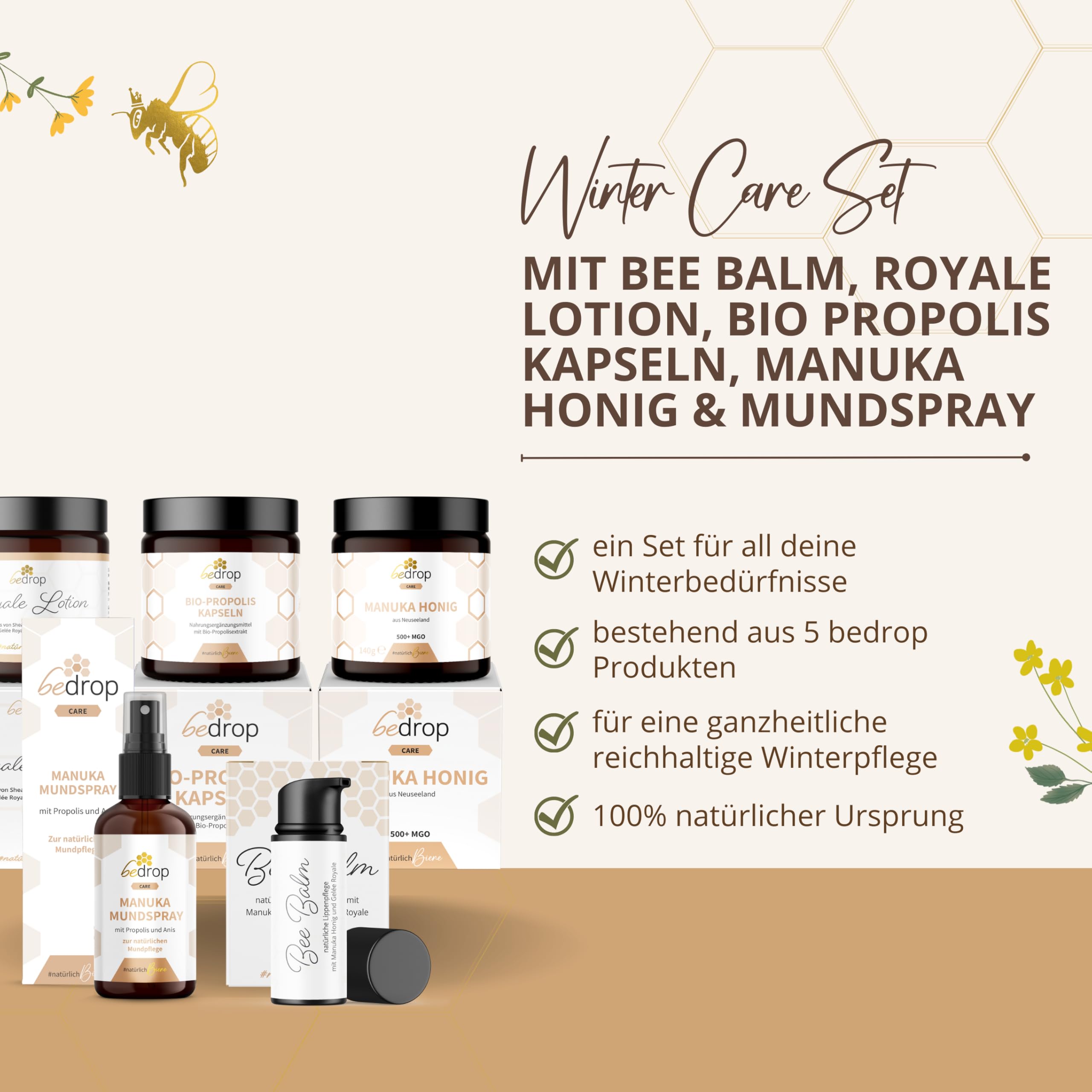 bedrop | Winter Care Set | Bee Balm, Propolis Kapseln, Royale Lotion, Manuka Honig 140g & Manuka Anis Spray für das Wohlbefinden