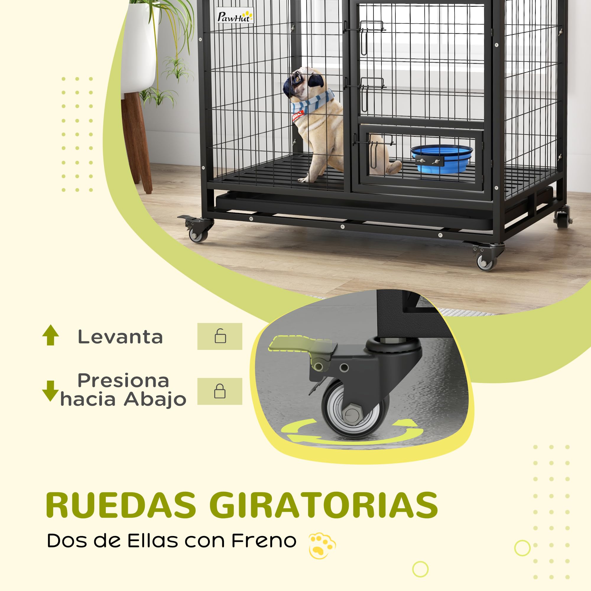 PawHut Jaula para Perros Jaula para Perros Grandes con Tapa Superior Abatible Soporte de Cuenco Bandeja Extraíble Ruedas y Puerta Doble Desmontable 92x62x73 cm Negro