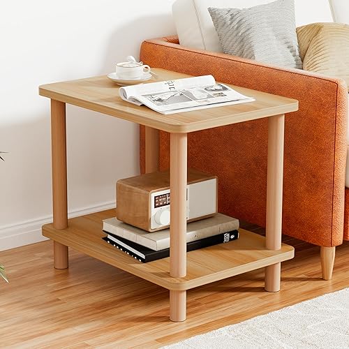 Mesa auxiliar de 2 niveles con patas de madera maciza, mesa auxiliar pequeña, mesita de noche bohemia con estante de almacenamiento, mesita de noche