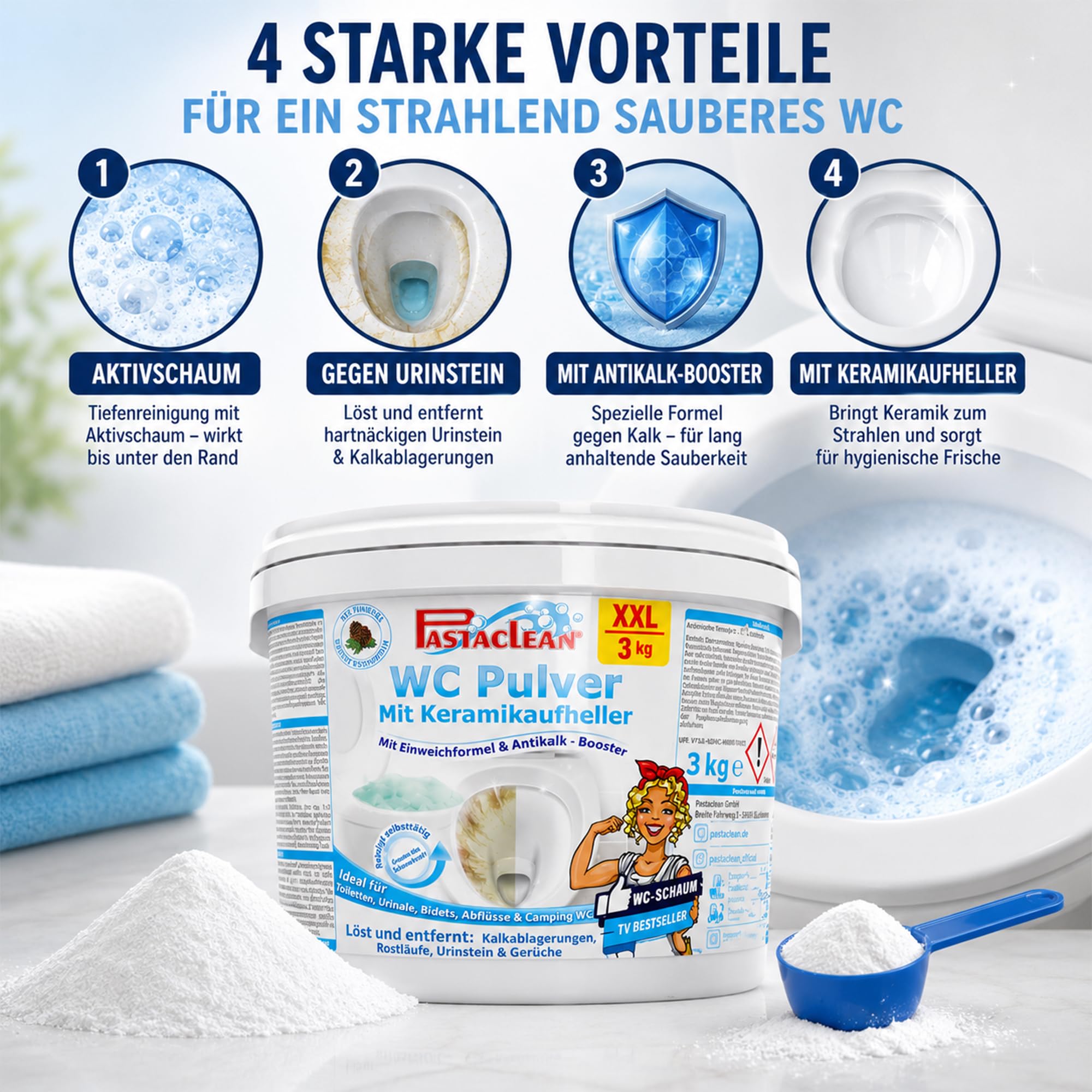 Pastaclean WC Pulver XXL 3 kg – Extra starker WC-Reiniger & Urinsteinentferner mit Pinienöl – Keramikaufheller & Bleaching-Effekt – Kalkreiniger & WC-Schaum gegen Urinstein, Kalk & Ablagerungen