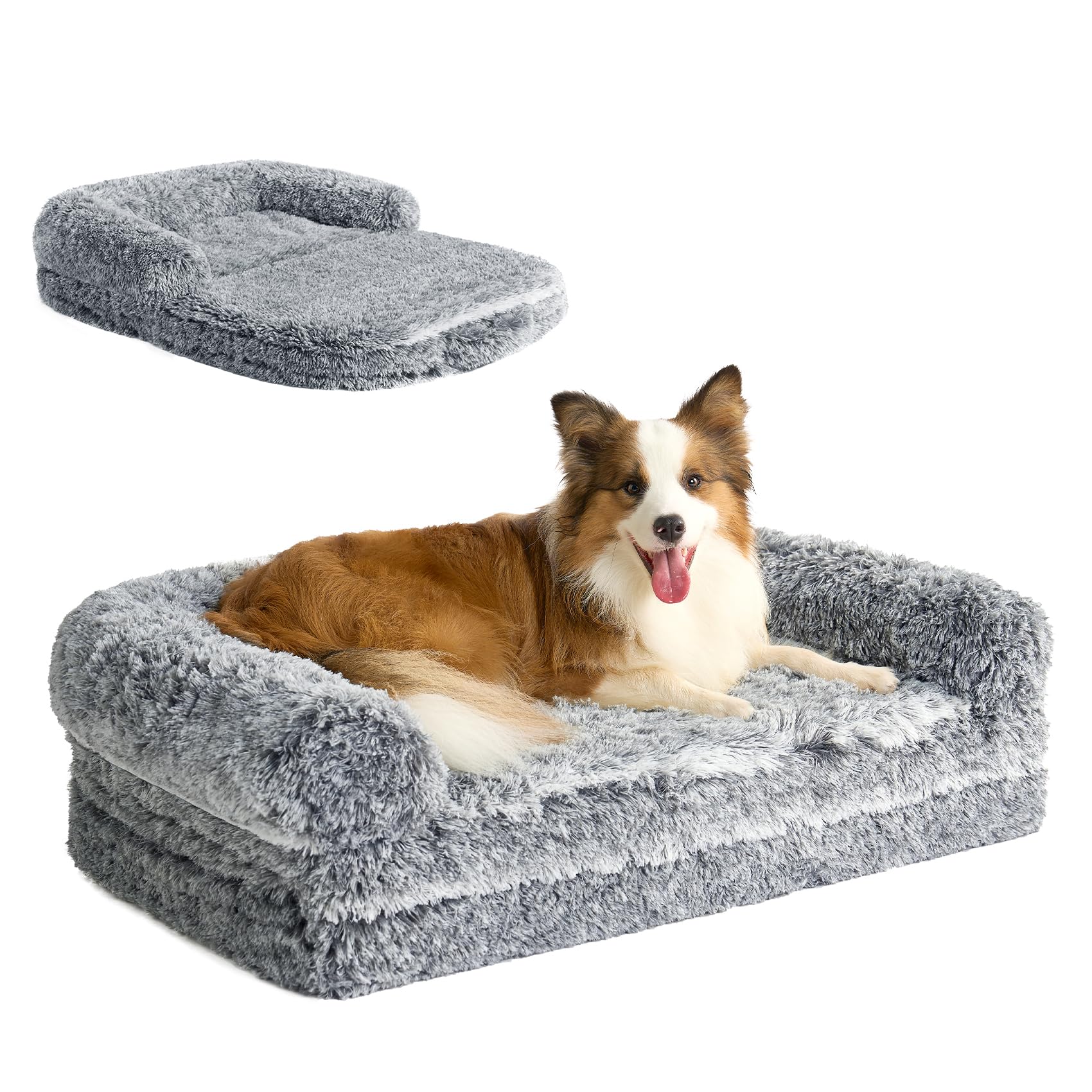 EHEYCIGA Foldable XXL Dog Bed, Faux Fur Fluffy Dog Bed for Extra Large Dogs, Orthopedic Calming Memory Foam Big Dog Couch Bed, Washable Soft Warm Dog Sofa Bed with Non-Slip Bottom, Grey