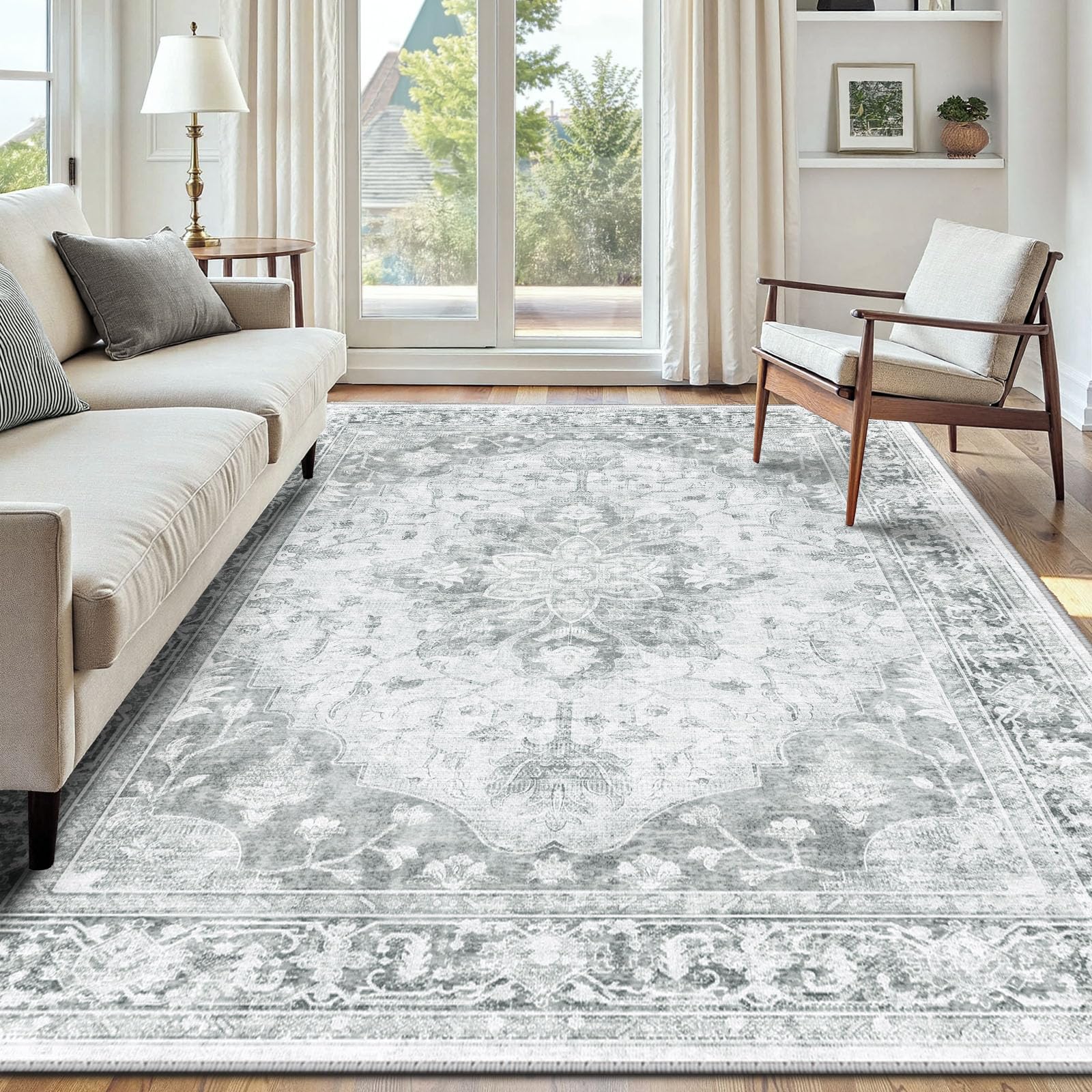 INOVADAY Machine Washable Rugs 180x270 cm Vintage Area Rug Low Pile Anti-Slip Carpet with Print Pattern for Living Room Bedroom Home Office Indoor Lightgrey — image 1