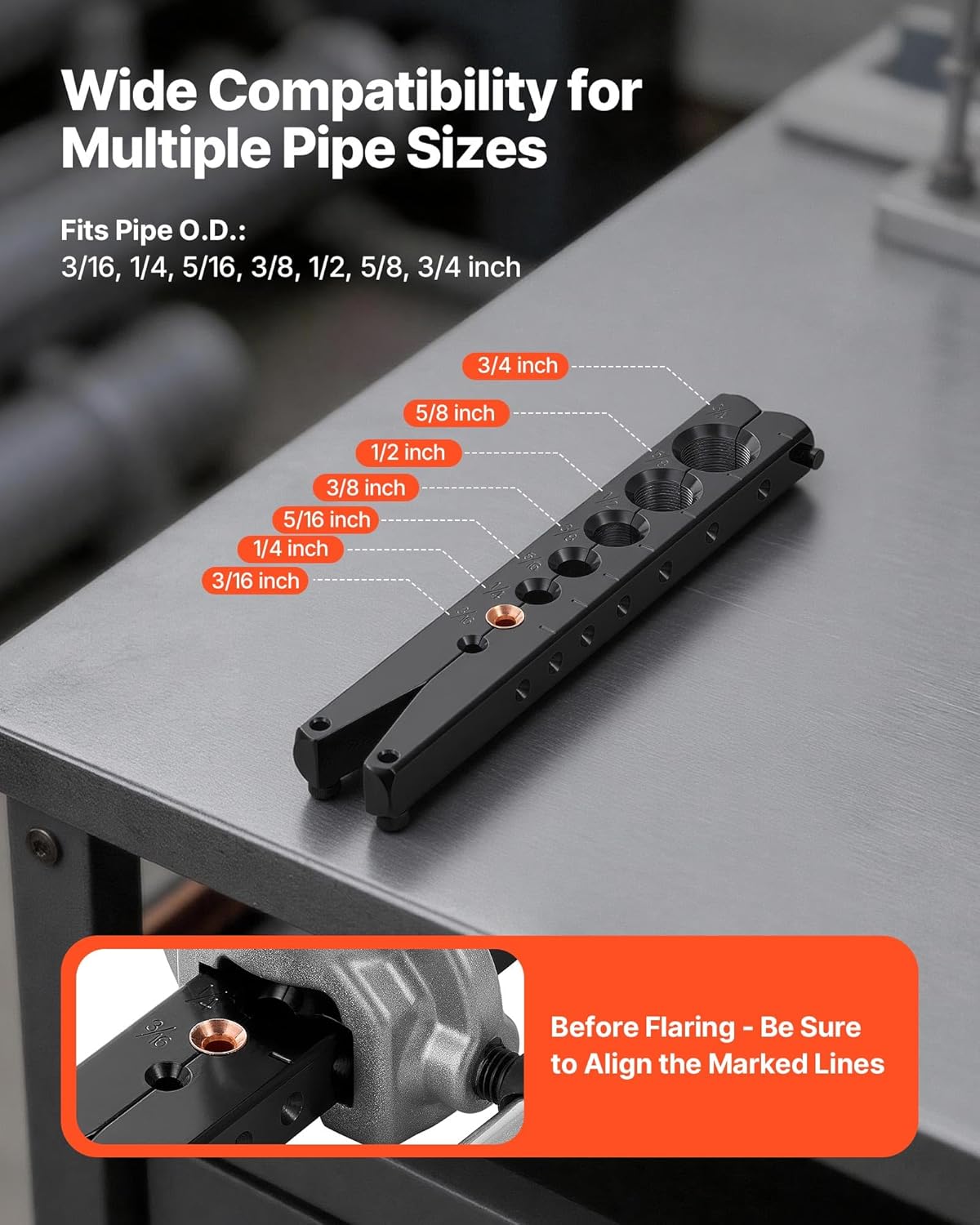 VEVOR Flaring Tool HVAC, 45° Eccentric Single Flaring Tool for 3/16" - 3/4" Copper Aluminum Tubes, Copper Pipe Flare Tool Kit for Refrigeration Air Conditioner Repair - Toolbox Included