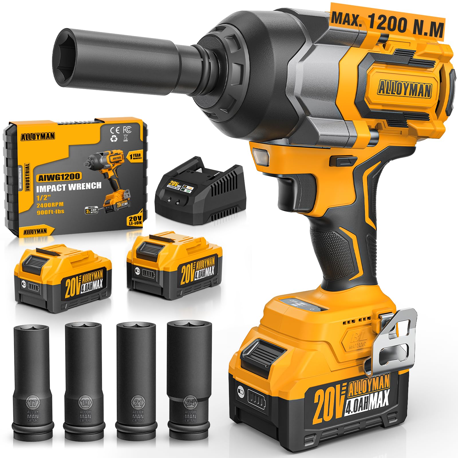 Alloyman Avvitatore a impulsi 20V MAX 1200 Nm, 1/2" con motore brushless, 2×4,0 Ah batterie, 2400 giri/min, velocità variabile per auto di famiglia/tosaerba