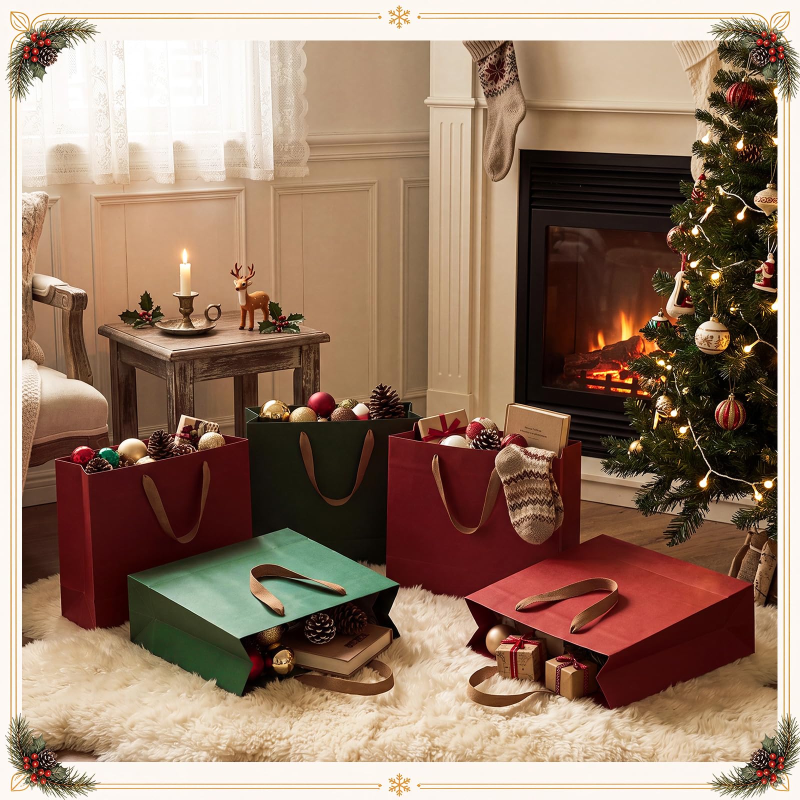 Tenceur Lot de 50 sacs cadeaux de Noël en papier kraft très résistants avec poignées - Sacs cadeaux de Noël réutilisables robustes pour Noël, fêtes, mariages (26 x 21 x 7,9 cm)