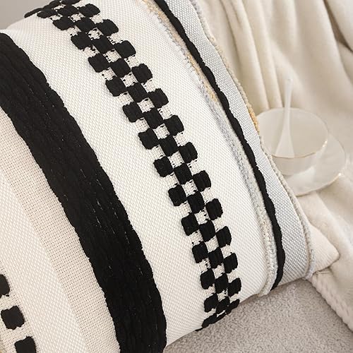 Miniatura 4 de Tosleo Juego de 2 fundas de almohada bohemias de 18 x 18 pulgadas, fundas de almohada decorativas de felpilla con diseño de rayas negras y beige,