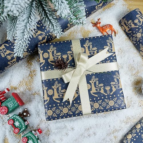 Miniatura 3 de Rollo de papel de regalo de Navidad, papel de estraza azul marino, 17 pulgadas x 49 pies, copo de nieve, diseño floral de Navidad y reno, papel de