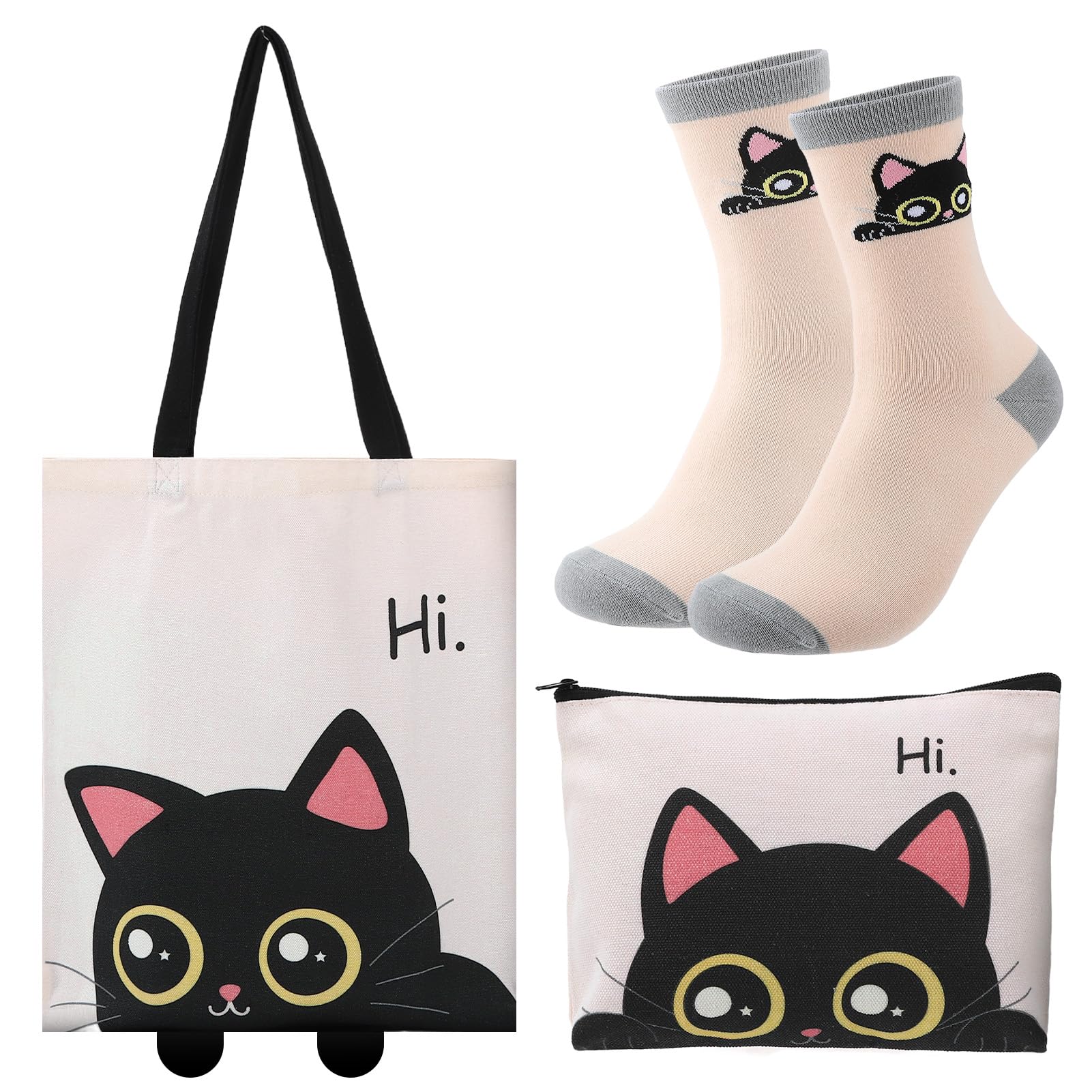 ViEinkaufen Cat Gifts for Girls Women,White Tote Bag,Makeup Bag and Socks,Thank You/Birthday Gifts for Cat Lovers Auntie Wife Mum Sisters Bestie Teachers Colleagues Daughter โ image 1