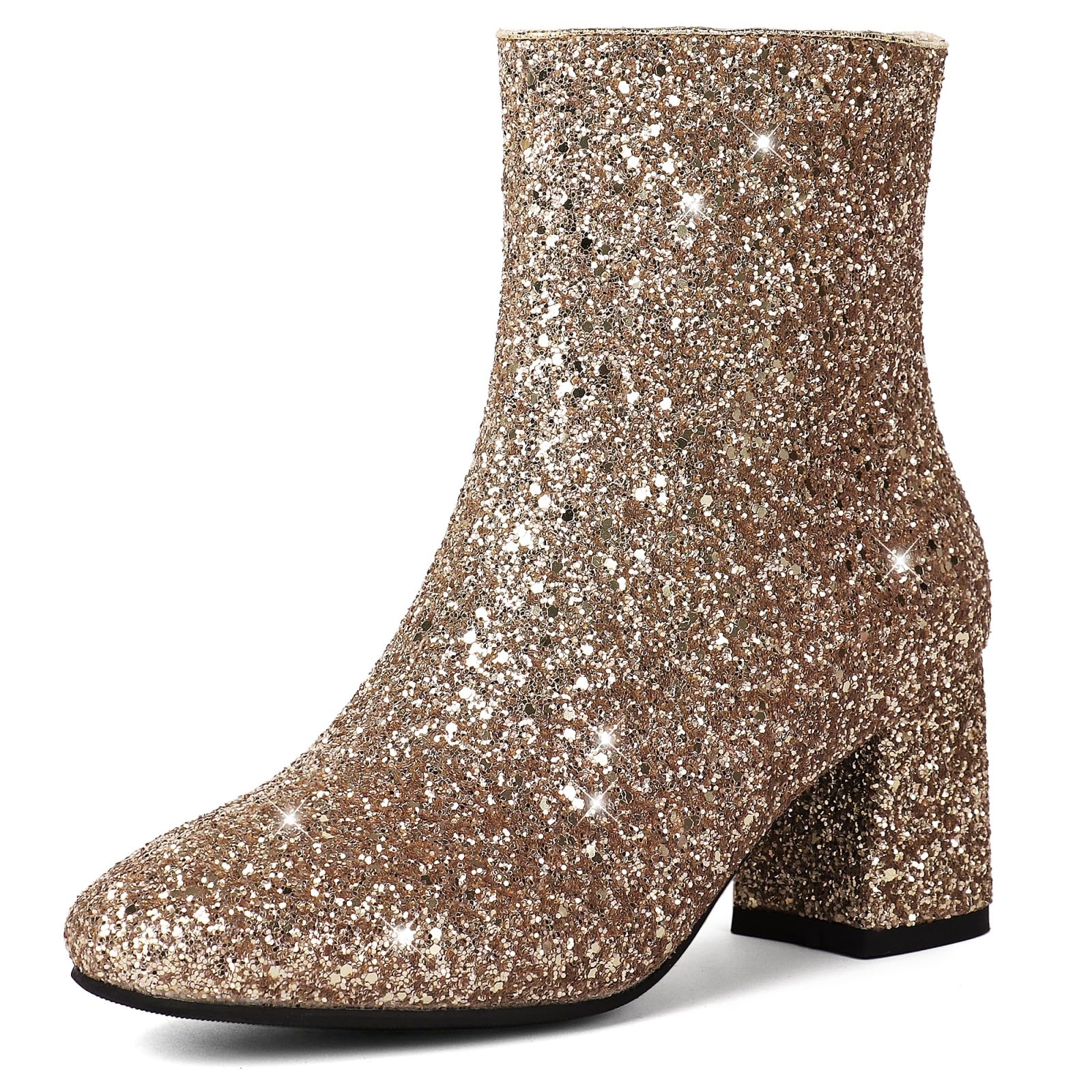MAVMAX Women's Sequin Glitter Ankle Boots Chunky Heels Sparkly Booties