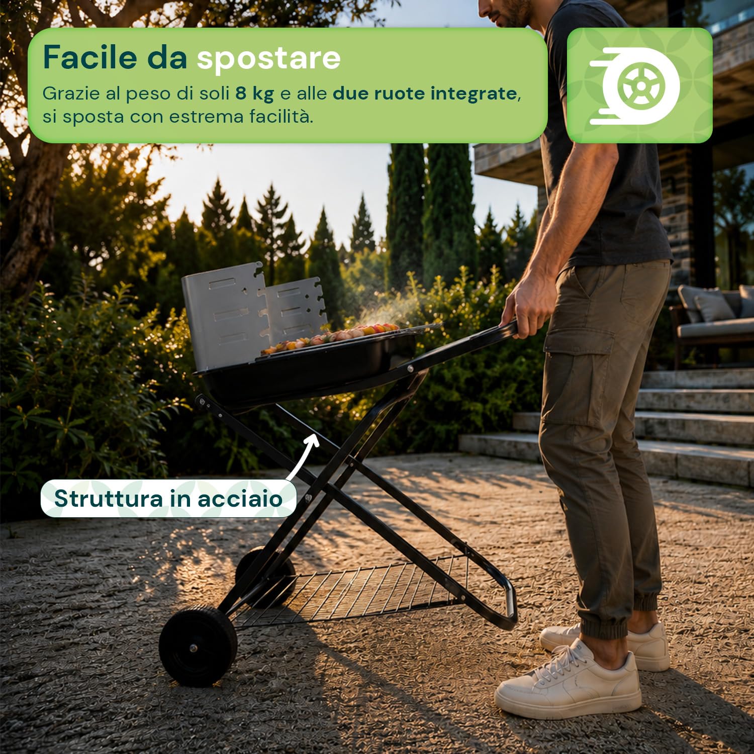 Avilia Barbecue a Carbonella Portatile Pieghevole in Acciaio - Barbecue con Griglia 54x38cm e 2 Ruote per Facile Trasporto - Barbecue Portatile per Grigliate in Giardino e Campeggio - 60x80x84cm