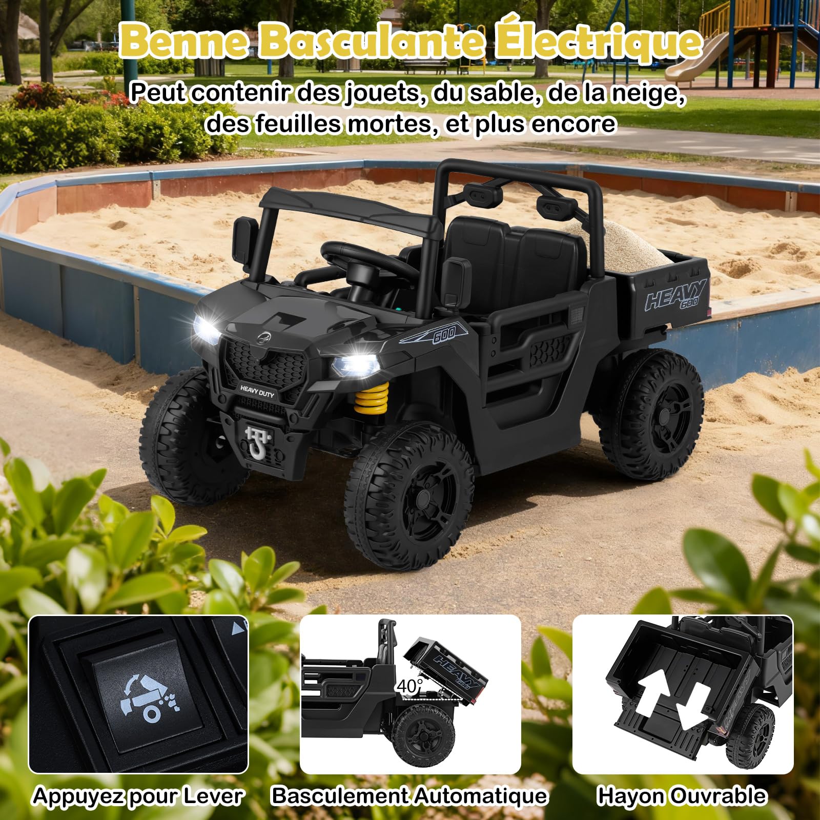 COSTWAY 12V Voiture Électrique Enfant avec Télécommande & Benne, Véhicule Électrique avec Lumières LED & Musique & Klaxon, Démarrage Lent, 3-5 km/h, Charge 30kg,Tracteur Enfant pour 3-8 Ans (Noir)