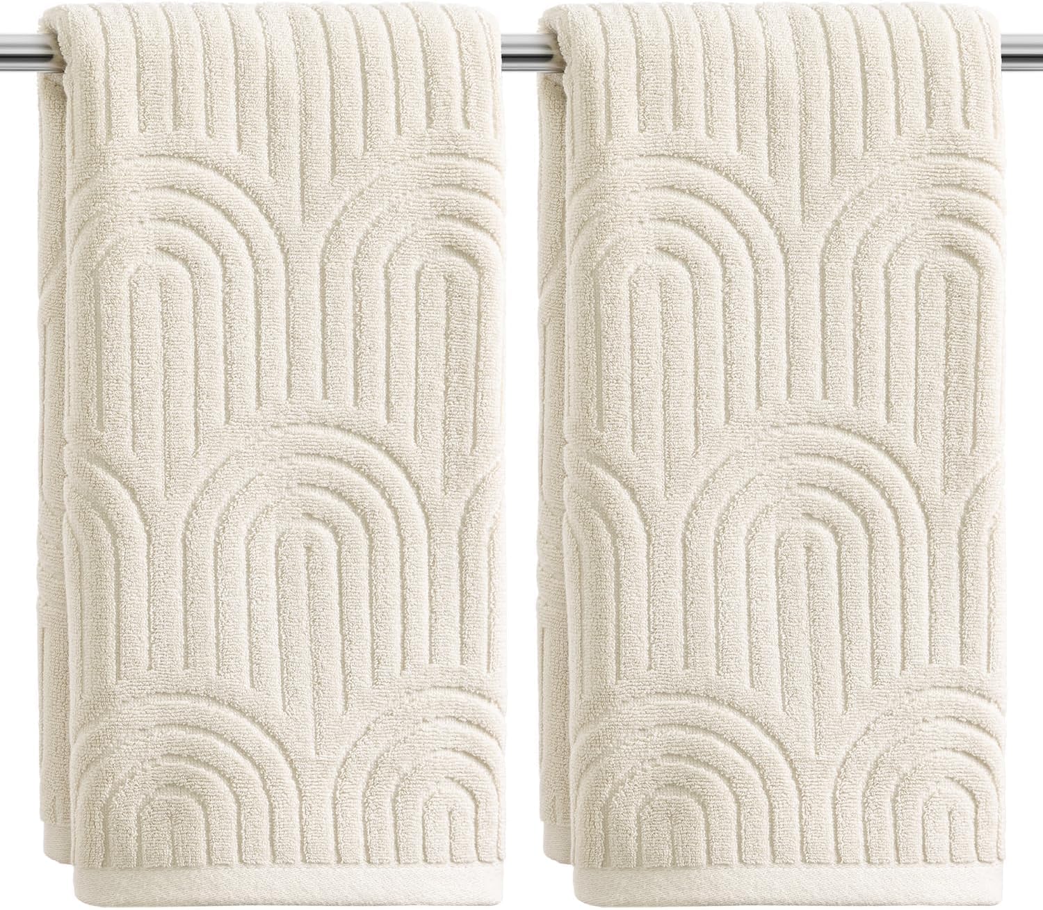 Artoid Mode 2 Pcs Beige 3D Arched Stripes Jacquard Hand Towels for Bathroom, 100% Cotton Soft Absorbent Bathroom Decor Towels, 13.7 x 29.5 Inch