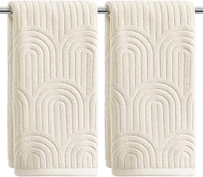 Artoid Mode 2 Pcs Beige 3D Arched Stripes Jacquard Hand Towels for Bathroom, 100% Cotton Soft Absorbent Bathroom Decor Towels, 13.7 x 29.5 Inch