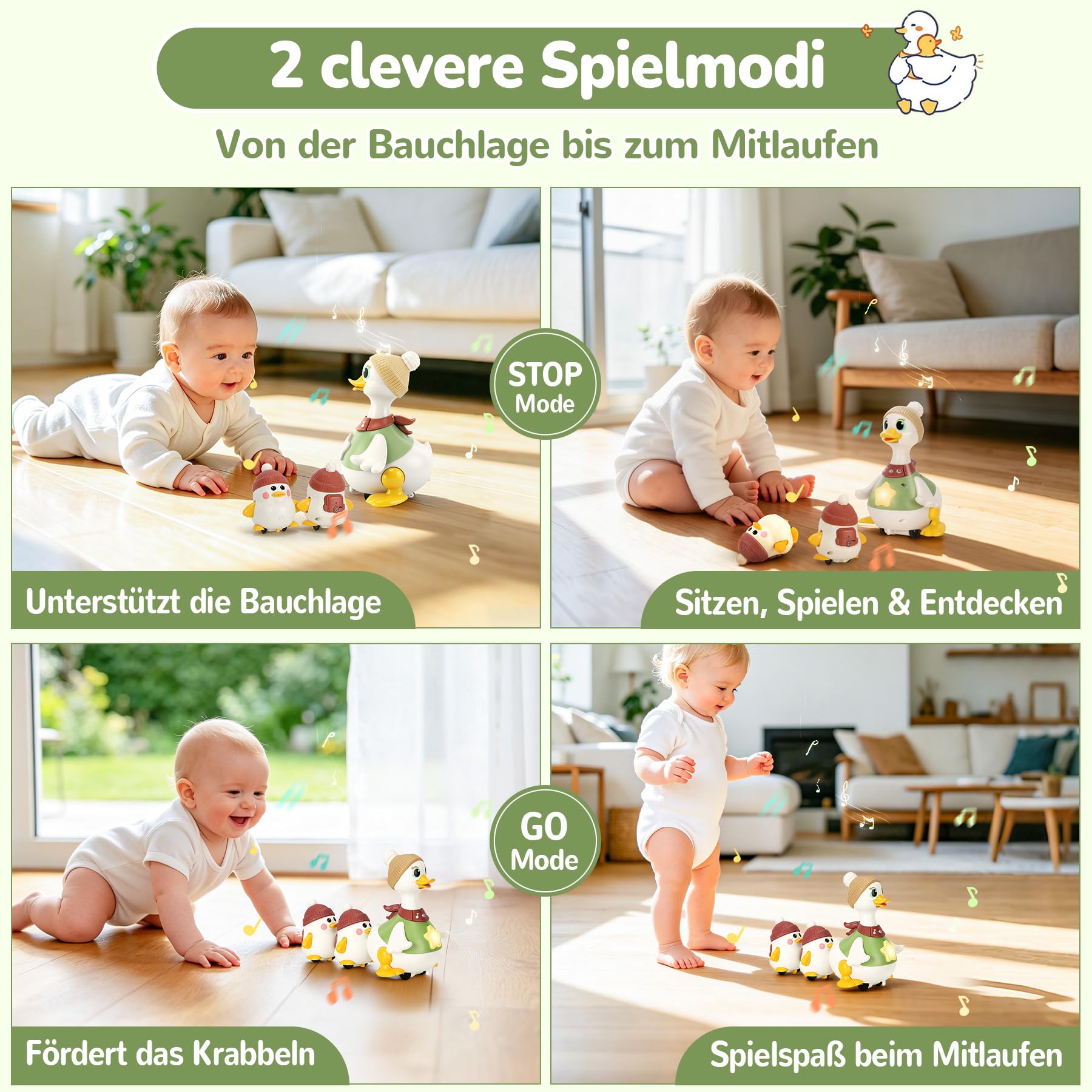 Baby Spielzeug 6-12 Monate, Krabbelspielzeug Baby mit Licht und Musik, Entenfamilie Spielzeug für Bauchlage, Babyspielzeug ab 6 Monate, Tummy Time Toys, Geschenk für Jungen und Mädchen