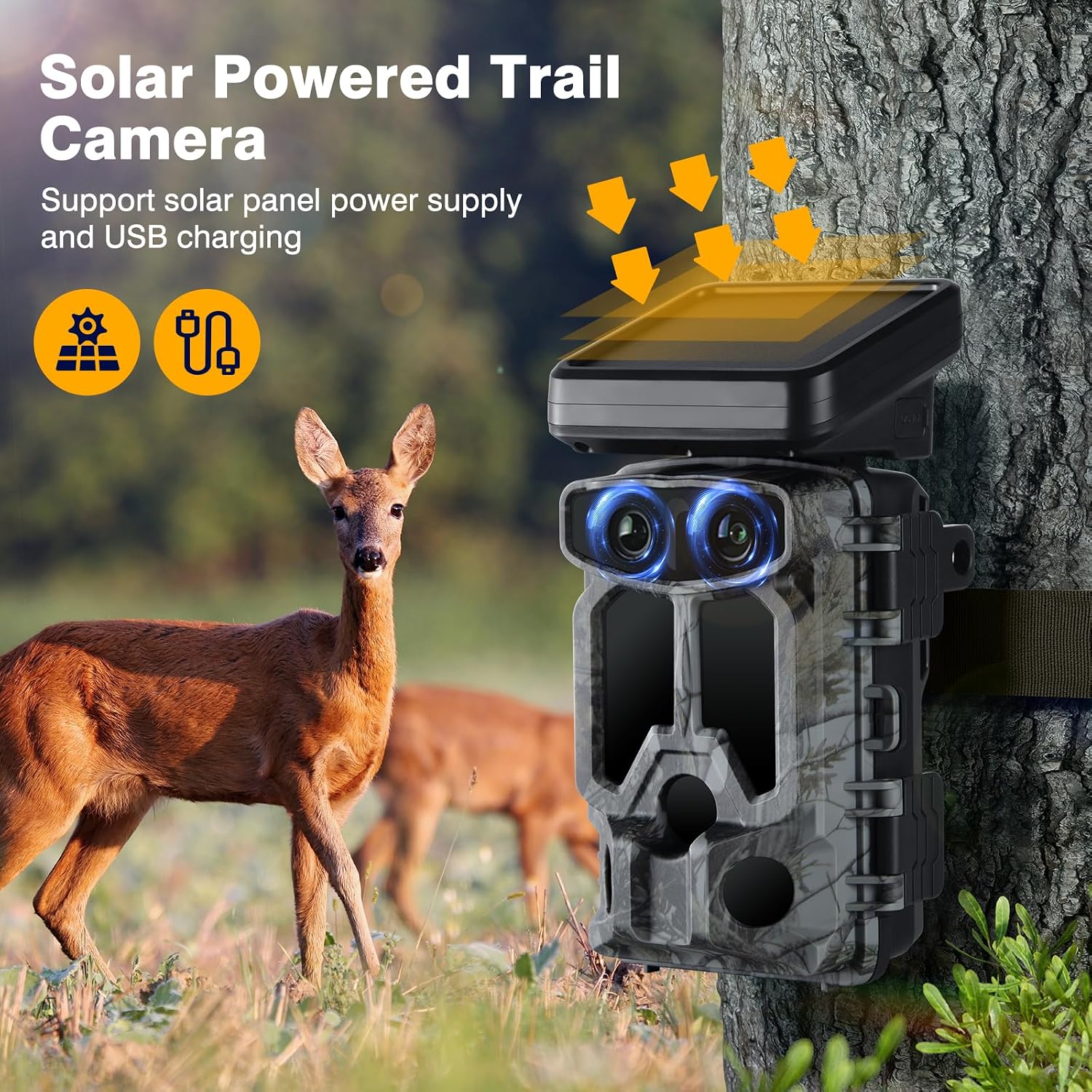 Trail Camera Solar Powered- Dual Lens 4K 30FPS 60MP Starlight Night Vision Game Camera, WiFi Bluetooth IMX458 Sensors Trail Camera with 0.1S Trigger IP66 Waterproof for Wildlife Monitoring, Outdoor