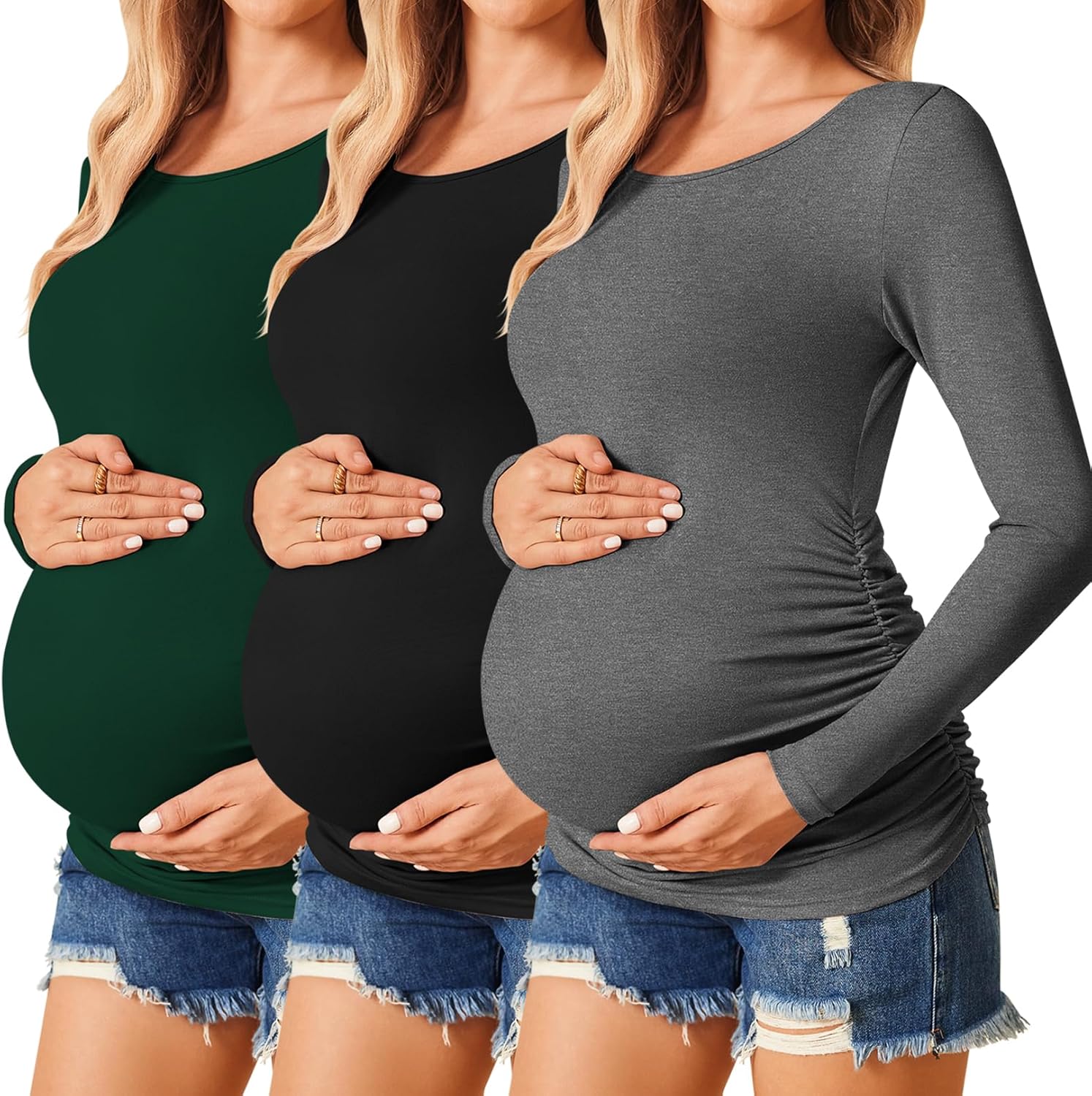 Ekouaer Womens Maternity Shirts Long Sleeve 3 Packs Pregnancy Tee Top Tunic Blouse Casual Mama Clothes S-XXL 3pcs Black / Green / Dark Grey Large