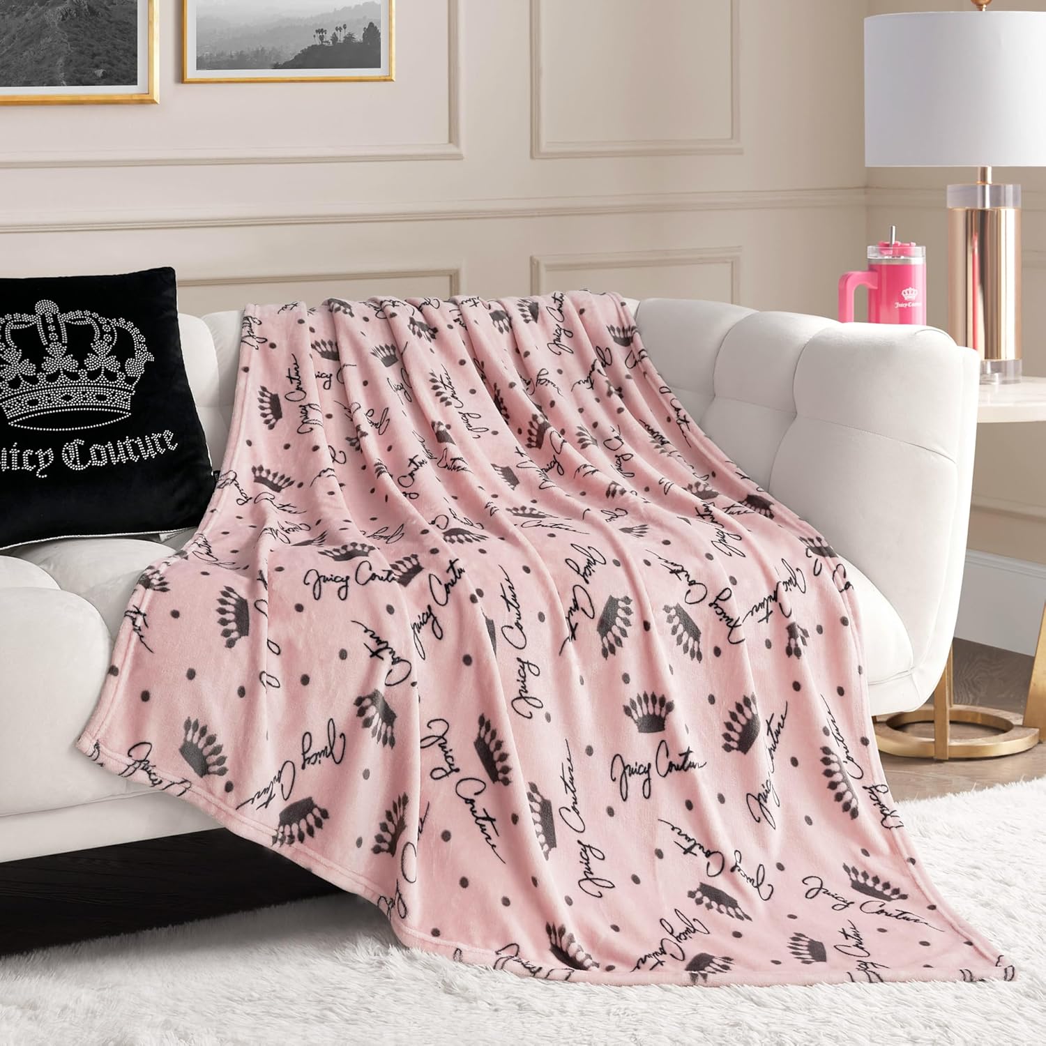Juicy Couture - Throw Blanket | Crown Royal | Plush and Cozy | Decorative Blankets for Sofas, Chairs and Beds| Luxurious and Soft | Chic Home Decor | Measures 50" x 70" | Blush/Grey