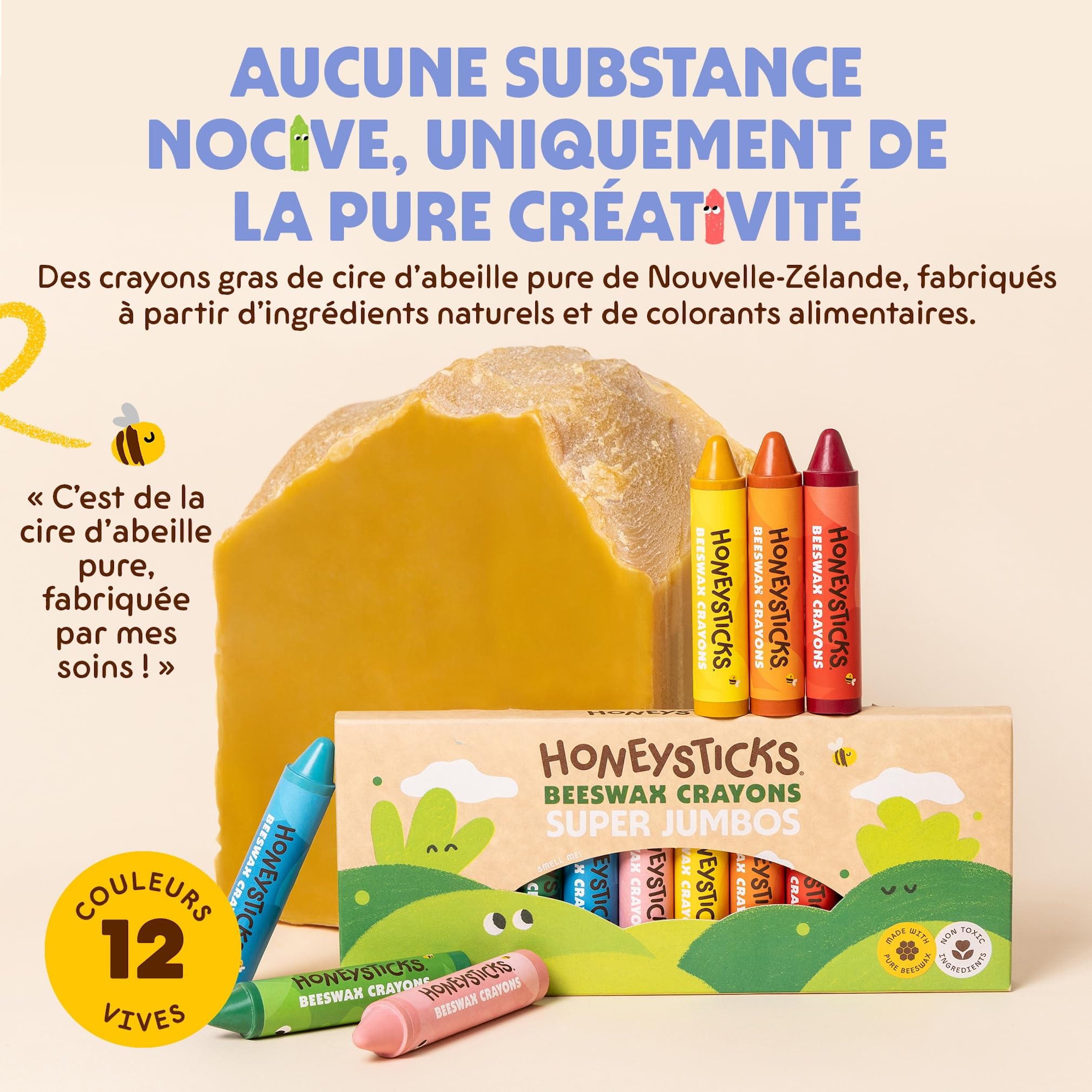 Honeysticks crayons super jumbo (12 unités) - 100% cire d'abeille, couleurs alimentaires, non toxiques, incassables, extra grands, faciles à tenir, écologiques, 1-3 ans