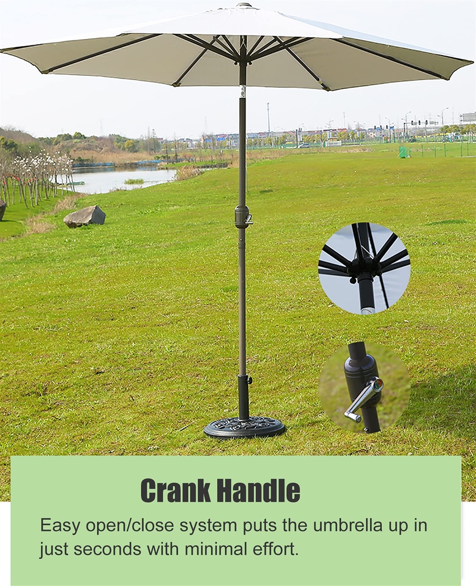 Parasol ogrodowy, duży, 2,7 m, na zewnątrz, z korbą i 8 żebrami, przechylany parasol stołowy do ogrodu/trawnika, biały, zewnętrzny baldachim przeciwsłoneczny