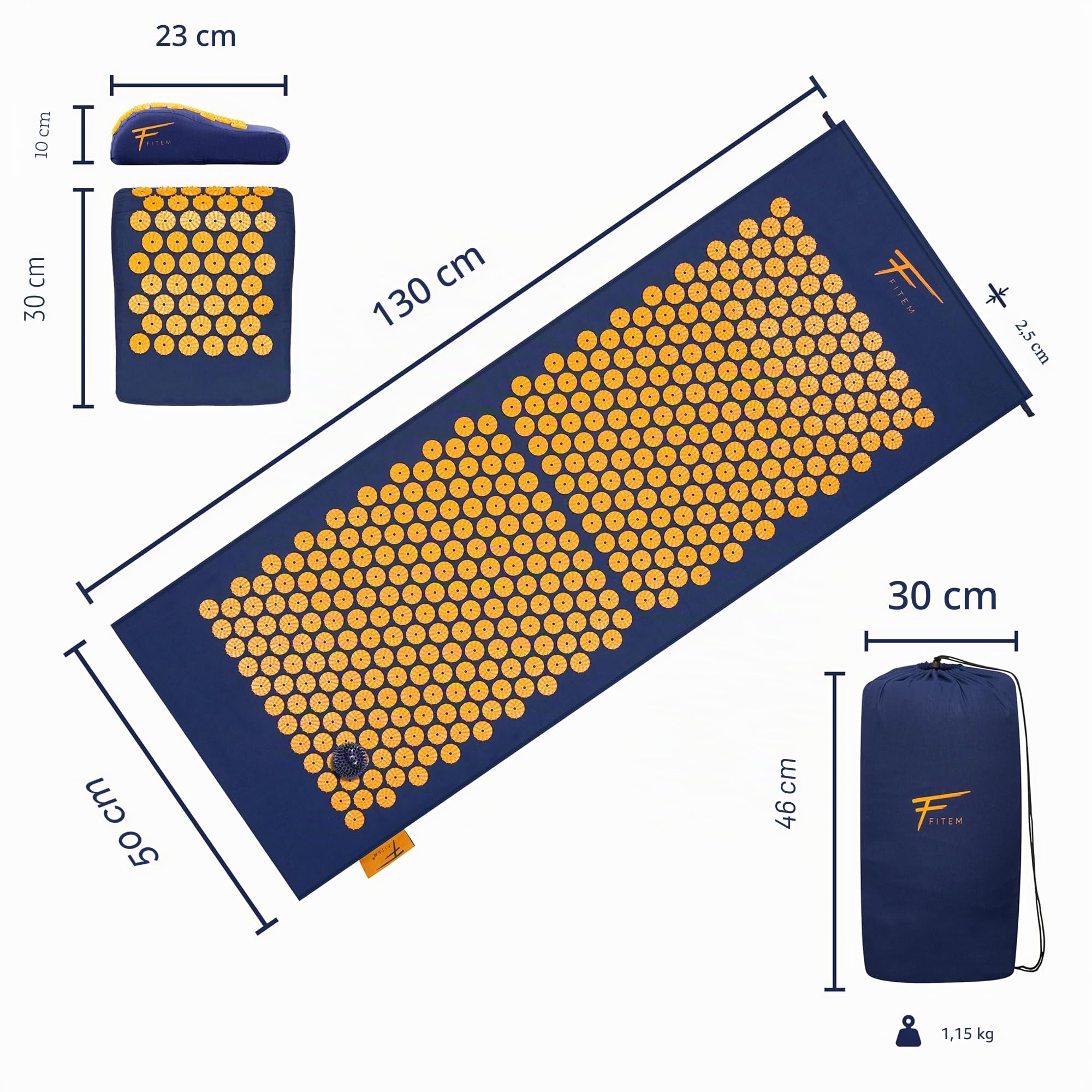 Kit d'acupression XL Fitem - Tapis d'Acupression - Coussin - Boule de Massage - Soulage douleurs Dos et Cou - Sciatique - Massage dos - Relaxation Musculaire - anti stress. (Bleu-Orange)