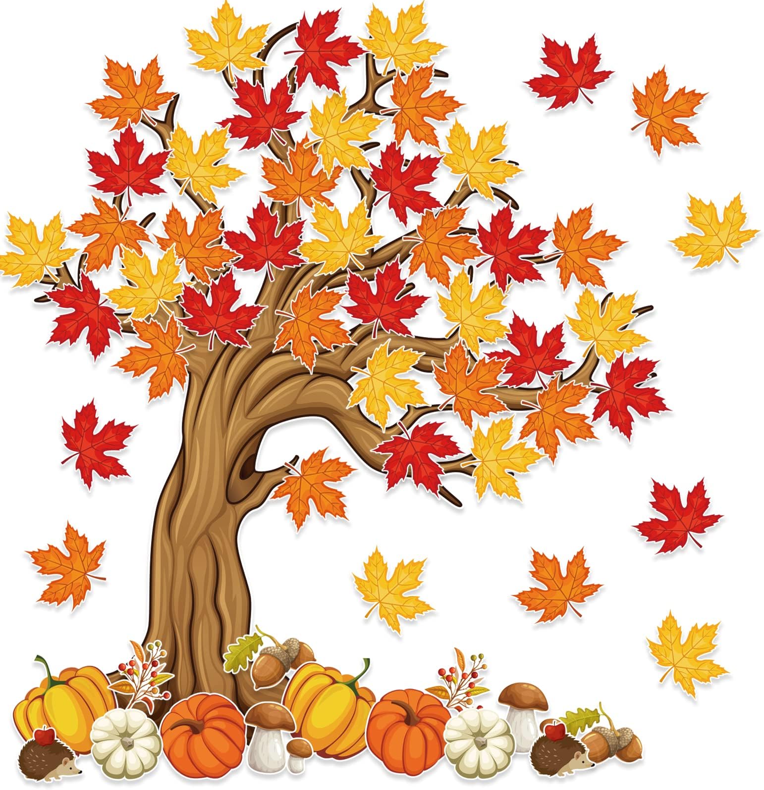 4Ft Big Tree Bulletin Board Set Spring Fall Summer Tree Bulletin Board Decoration with Maple Leaves Butterflies Pumpkins Cutouts for Classroom Home Chalkboard Wall Decoration, 74Pcs (Maple Leaves)