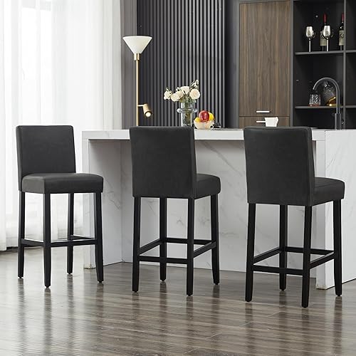 Miniatura 41 de Taburetes de bar de piel sintética de 26 pulgadas, modernas sillas de bar tapizadas de altura de barra, taburetes de bar con patas de madera maciza